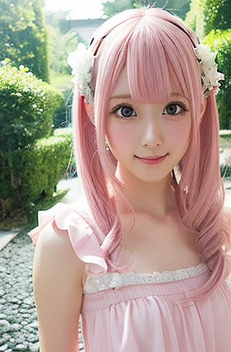 masutepiece, Best Quality, super detailed, Illustration, Beautiful detailed eyes, close up, 1 girl, Pink hair, White Dress, Villa entrance and exit, Standing position, Face down