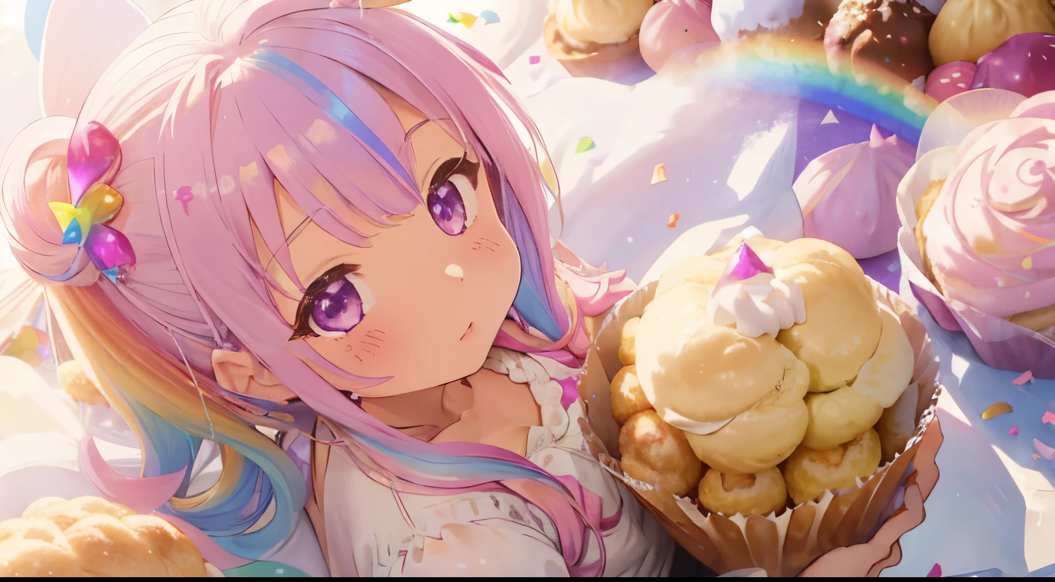 A world of fairy tales and wonderlands,Colorful and lively atmosphere,confeti,sweets, Toys, Stuffed animals are floating in the air and scattered.,A pile of extra large cream puffs,A mountain shaped like a cream puff,fluffy hair,Odango Hair,Keeping hair together,rainbow-colored hair,A voluminous princess-like dress,Iridescent dresses,A little girl is climbing a mountain of cream puffs,