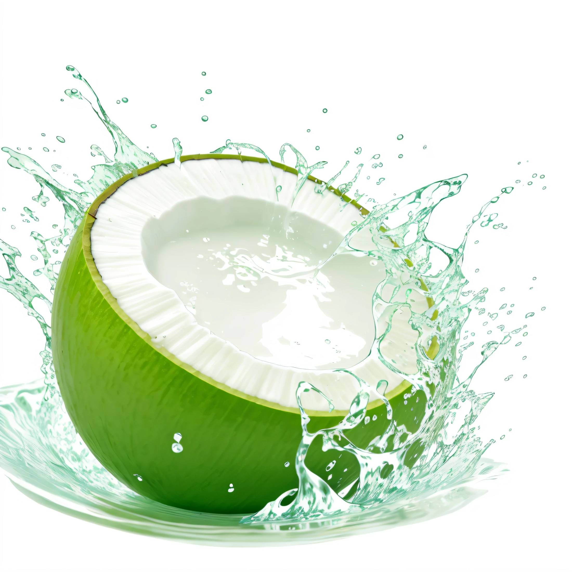 There is a green coconut，Water splashed on it, coconut, There was water splashing everywhere, Professional design, on the white background, Milky water, stocks, 🍸🍋, water splash, splash up, filled with water, depiction, isolated on white background, Splattering water, water splash, 21st century, moisture, relaxed