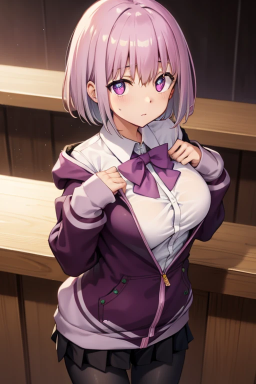 akaneshinjou, shinjou akane, Light purple hair, (Pink eyes:1.2), Short hair,
BREAK black pantyhose, Bow, Collared shirt, hoods, hooded jacket, Jacket, Open your clothes, Open jacket, Open Shirt, pantyhose, Purple bow, Purple jacket, School uniform, Shirt, sleeves past wrists, Unbuttoned shirt, White shirt,,
Break indoors, city,
BREAK looking at viewer, BREAK (masutepiece:1.2), Best Quality, High resolution, Unity 8k壁纸, (Illustration:0.8), (Beautiful detailed eyes:1.6), extra detailed face, Perfect Lighting, extremely details CG, (Perfect hands, Perfect Anatomy),from the rear,buttock,Turn around,red blush,