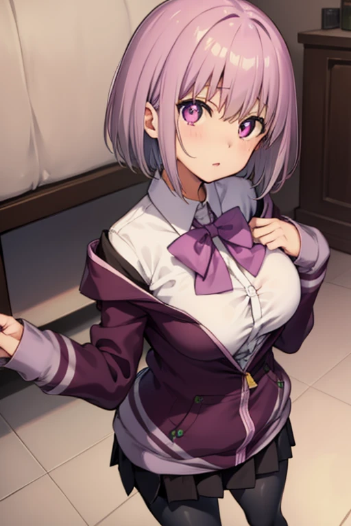 masterpiece, highest quality,best quakity, High resolution, Ah Akane, short hair, Red eyes, Large Breasts, Purple bow tie, Collared shirt, White shirt, Off the shoulder, Purple Jacket, Partially defrosted, Long sleeve, Sleeves are longer than the wrist, Pleated skirt, Black Skirt, pantyhose, Cowboy Shot, Are standing, evil smile,evil huge laugh,laugh at,(Best picture quality, 4K, 8K, High resolution, Masterpiece: 1.2), ultra detailed,  Sinister Veil of Shadows,black and dark aura background,black light,