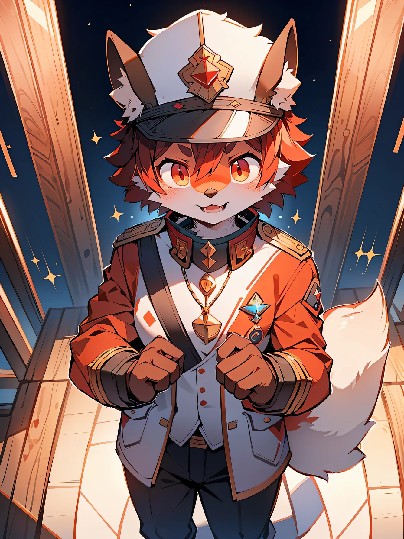 crystal, Star Fox, male people, (Detailed pubic hair), fluffy, Alone, , Photorealsitic, ((clear structural details)), Meticulous and pragmatic, A detailed eye, (Reddish-orange-red pupils), ((Blood-red eyes)), SuperiorQuality, high detal, Delicate fur, ((The tail is in the right place) ， ，Army artillery captain standing on the Great Wall，standard３６Field uniform for officers（long pointed collar），Military color is red。

medal：Above the left breast pocket are:（Reader&#39;s perspective）Left Side－Iron Cross 2nd Class、Curly－４１～４２Eastern Front Winter War Chapter、kanan－Romanian War Medal。The left breast pocket is：Upp－Iron Cross First Class、Curly－Gold War Wound Medal、under below－Gold Assault Badge。The right breast pocket is：Gold German Cross。clause２Buttons worn２Cross of Merit。Worn at the neckline：Knight's Medal。wear３６Officer&#39;s large-brimmed hat