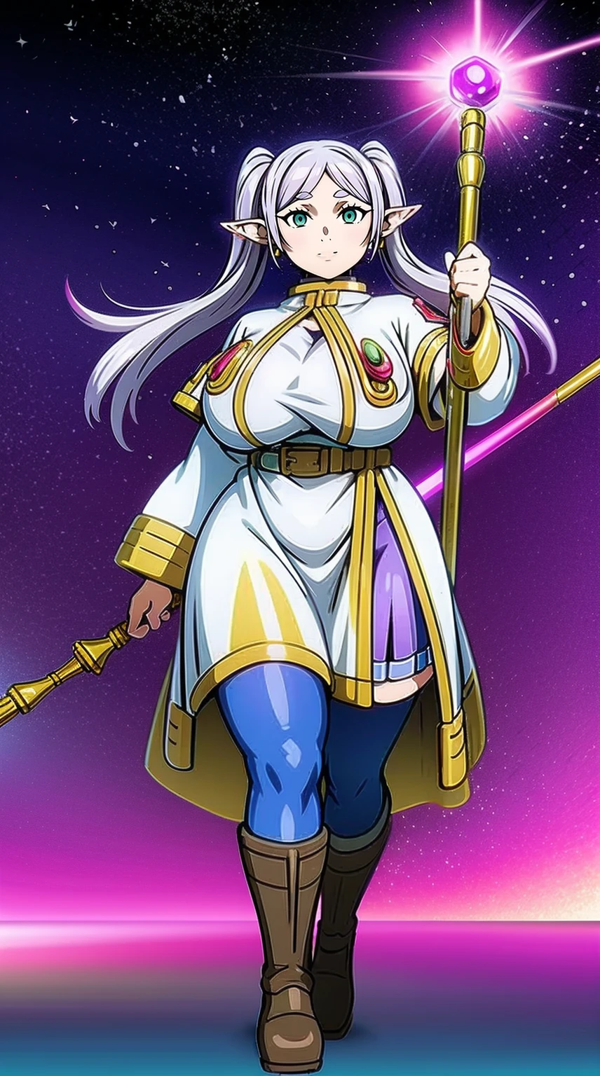 1girl,solo,elf,white hair,grey hair,earrings,pointy ears,long hair,ponytail,green eyes,twintails,parted bangs,thick eyebrows,,, holy magicalgirl, open mouth fang, holy haura, , smile, joyfull, paladin, staff holding, full body , boots, standing,cute,breast, curvy, female,fantasy goddess,there is a cartoon picture of a woman with a very large breast, glowing divine being, glowing holy aura, inspired by Luma Rouge, the non-binary deity of spring, ethereal rainbow nimbus, the butterfly goddess of fire, inspired by Mariel, glowing aura around her, astral wind, as the goddess of the saturn, “uwu the prismatic person, big breast, serious, beautiful eyes, , full body, walking, long robe, long dress, ,priestess ,holy, smile, god rays, ray tracing, sparkle, cinematic lighting, UHD, retina, masterpiece, ccurate, anatomically correct, textured skin, super detail, high details, high quality, award winning, best quality, highres, 1080P, HD, 4K, thunder aura, light aura,full, snak staff,closed mouth