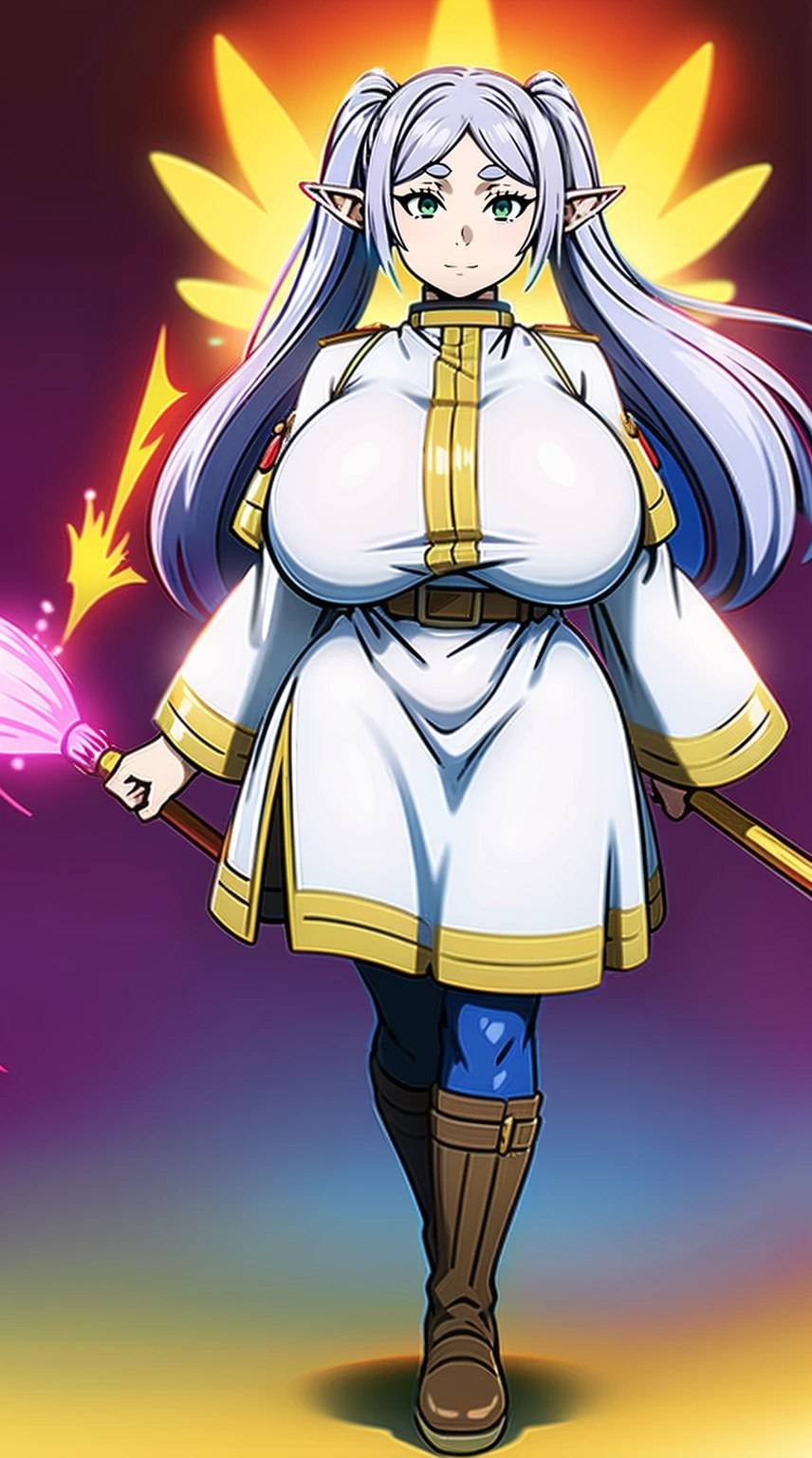 1girl,solo,elf,white hair,grey hair,earrings,pointy ears,long hair,ponytail,green eyes,twintails,parted bangs,thick eyebrows,,, holy magicalgirl, open mouth fang, holy haura, , smile, joyfull, paladin, staff holding, full body , boots, standing,cute,breast, curvy, female,fantasy goddess,there is a cartoon picture of a woman with a very large breast, glowing divine being, glowing holy aura, inspired by Luma Rouge, the non-binary deity of spring, ethereal rainbow nimbus, the butterfly goddess of fire, inspired by Mariel, glowing aura around her, astral wind, as the goddess of the saturn, “uwu the prismatic person, big breast, serious, beautiful eyes, , full body, walking, long robe, long dress, ,priestess ,holy, smile, god rays, ray tracing, sparkle, cinematic lighting, UHD, retina, masterpiece, ccurate, anatomically correct, textured skin, super detail, high details, high quality, award winning, best quality, highres, 1080P, HD, 4K, thunder aura, light aura,full, snak staff,closed mouth