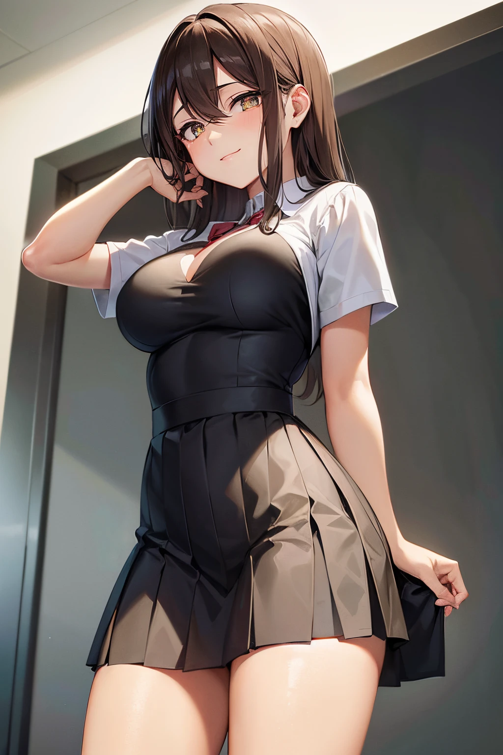 Suzumiya Haruhi, perfect eyes, expressive eyes, standing, (devious smile), looking viewer, black pleated dress, white-shirt, golden eyes, light brown hair, in view, hands behind back, teasing, perky breasts, voluptuous, ((from below))