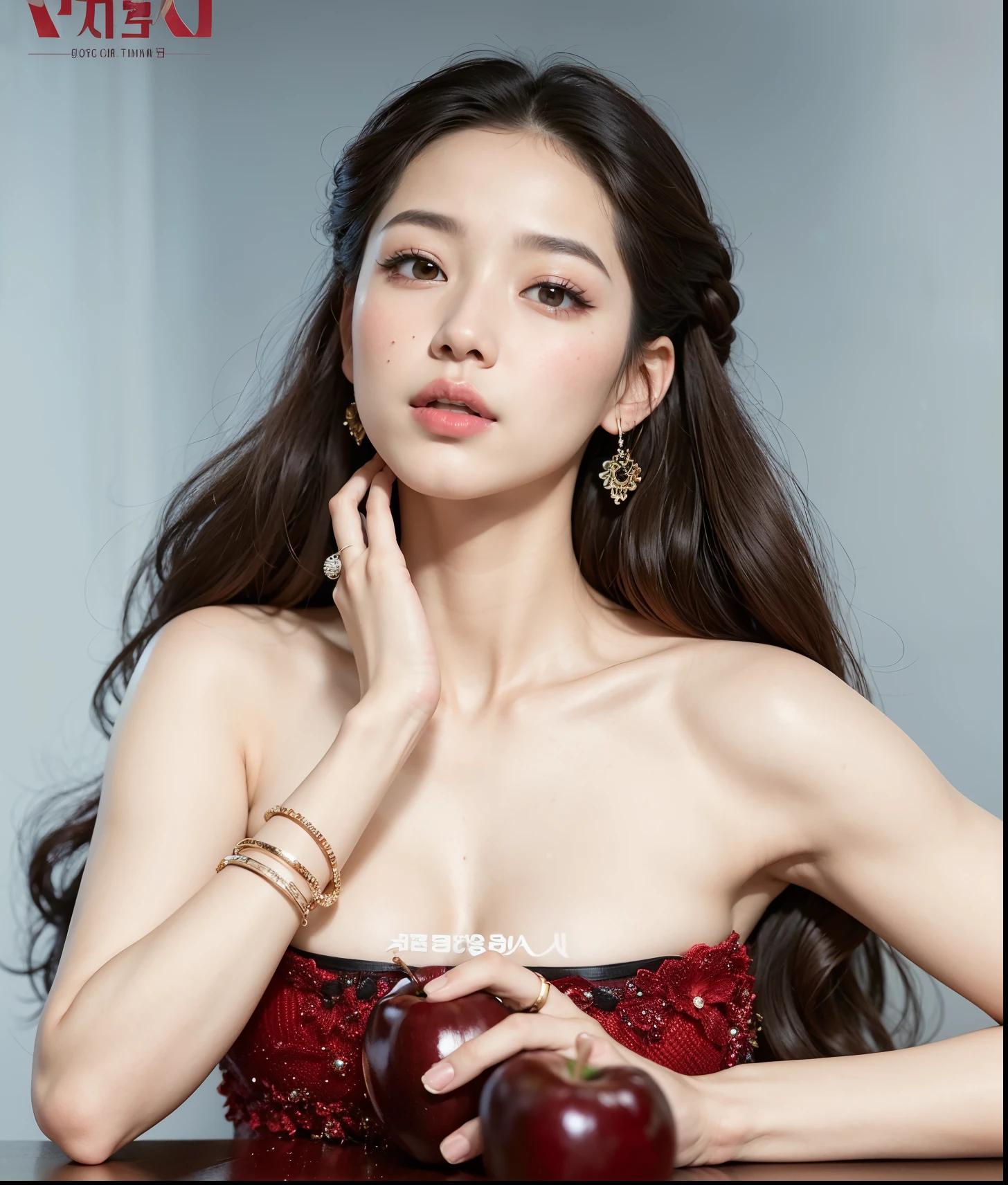 a close-up of a woman in a red dress holding an apple, Sha Xi, Retrato Jisoo Blackpink, dilraba dilmurat, inspirado em Tang Sin Yun Sandara, Ruan Jia Lindo!, jisoo do blackpink, inspirado por Huang Ji, Jisoo do Blackpink, Hwang SE - EM, Xianxia, Mulher sul-coreana bonita, Directed by: Tang Sin Yun Sandara