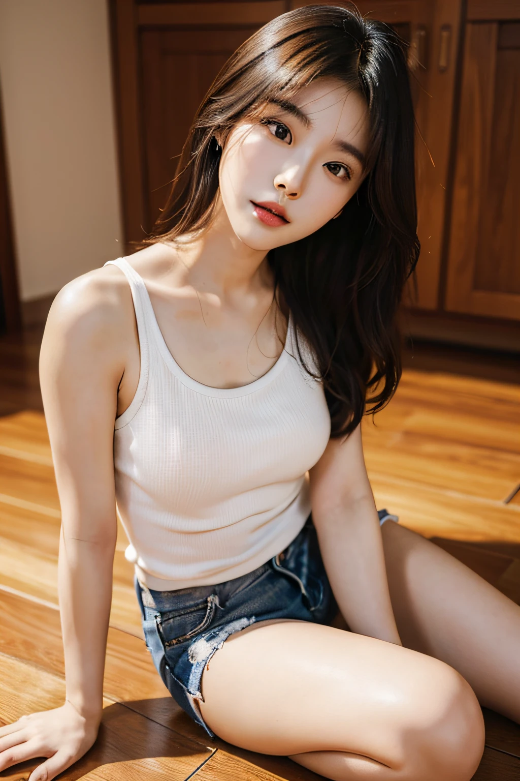 arafed asian woman sitting on a wooden floor in a white tank top, cute korean actress, beautiful young korean woman, gorgeous young korean woman, young adorable korean face, beautiful south korean woman, portrait of female korean idol, female actress from korea, taken with canon eos 5 d mark iv, jaeyeon nam, wan adorable korean face, korean girl, korean artist