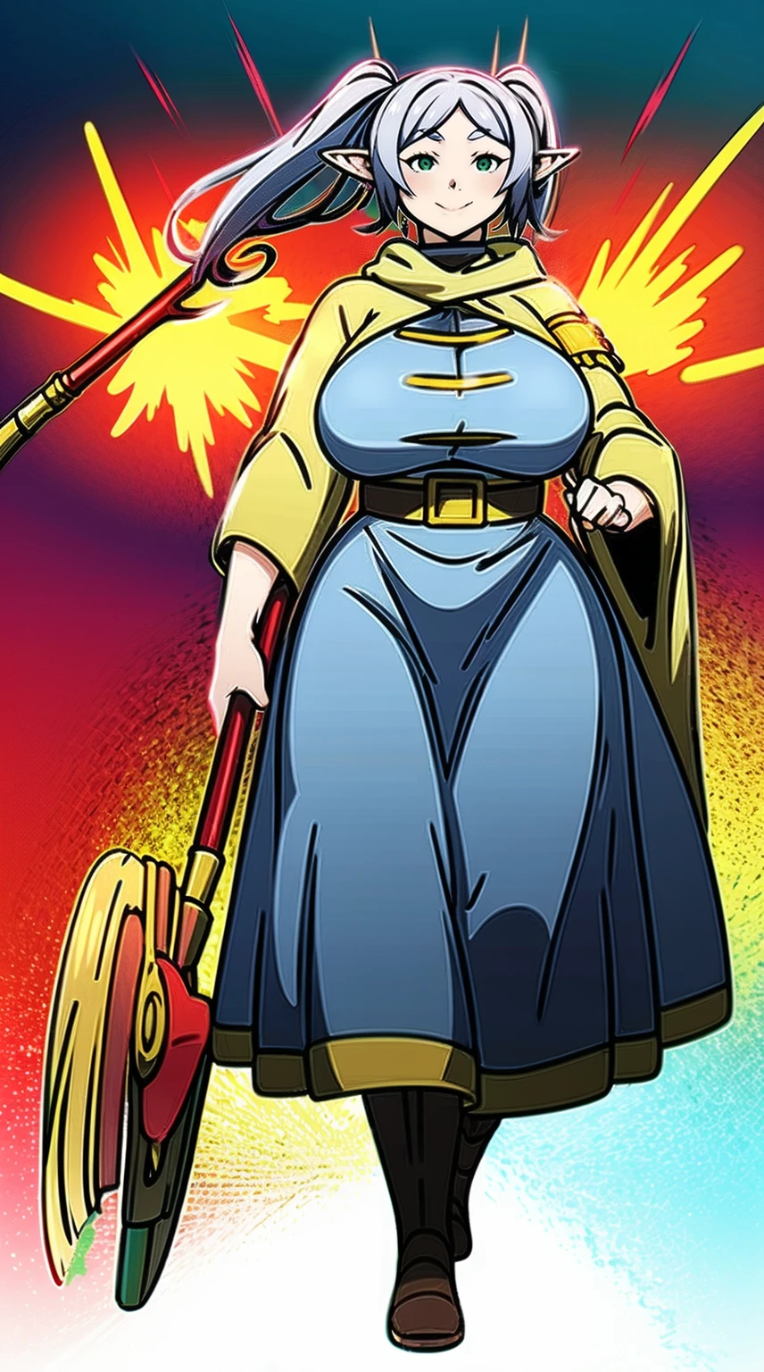 1girl,solo,elf,white hair,grey hair,earrings,pointy ears,long hair,ponytail,green eyes,twintails,parted bangs,thick eyebrows,,, holy magicalgirl, open mouth fang, holy haura, , smile, joyfull, paladin, staff holding, full body , boots, standing,cute,breast, curvy, female,fantasy goddess,there is a cartoon picture of a woman with a very large breast, glowing divine being, glowing holy aura, inspired by Luma Rouge, the non-binary deity of spring, ethereal rainbow nimbus, the butterfly goddess of fire, inspired by Mariel, glowing aura around her, astral wind, as the goddess of the saturn, “uwu the prismatic person, big breast, serious, beautiful eyes, , full body, walking, long robe, long dress, ,priestess ,holy, smile, god rays, ray tracing, sparkle, cinematic lighting, UHD, retina, masterpiece, ccurate, anatomically correct, textured skin, super detail, high details, high quality, award winning, best quality, highres, 1080P, HD, 4K, thunder aura, light aura,full, snak staff,closed mouth