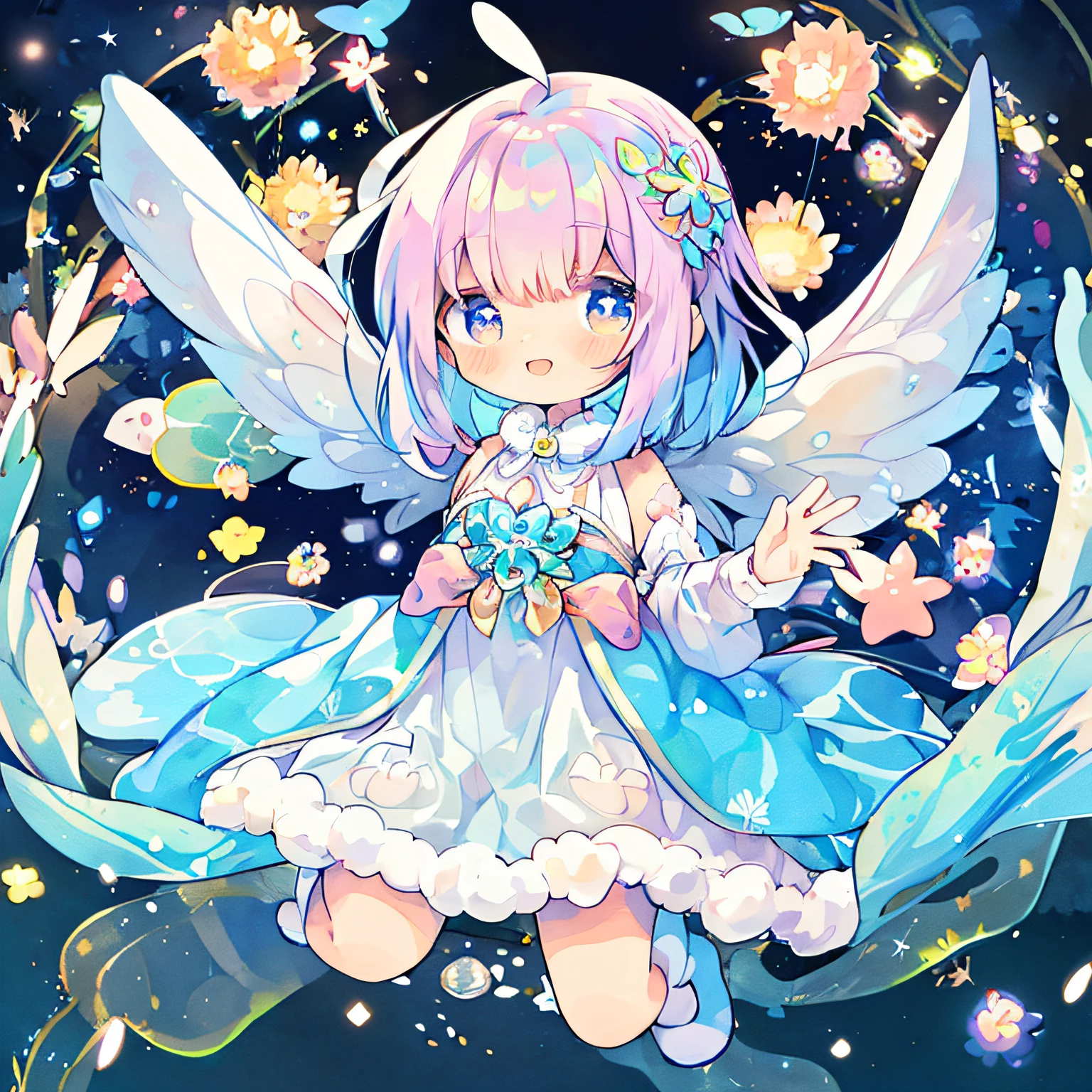 (Cute illustration:1.1)、(watercolor paiting:1.2)、(vibrant glow:1.2)、(Fairy with white and light blue striped wings、faerie:1.5)、、(Waving:1.3)、、Ma(big fairy wings made of lace:1.3)、(Fairy girl surrounded by Herelis flowers 、Beautiful feathers that sparkle on the back、The background is a world in a sparkling picture book、A smile)、、(Fairy girl surrounded by flowers 、Beautiful feathers that sparkle on the back、The background is a world in a sparkling picture book、Turn around and smile)、(PastelColors:1.0)、(Cute illustration:0.9)、(watercolor paiting:0.8)、night light green background、jumpping、side from、,levitation:1.1、Thick wool gown:0.3
