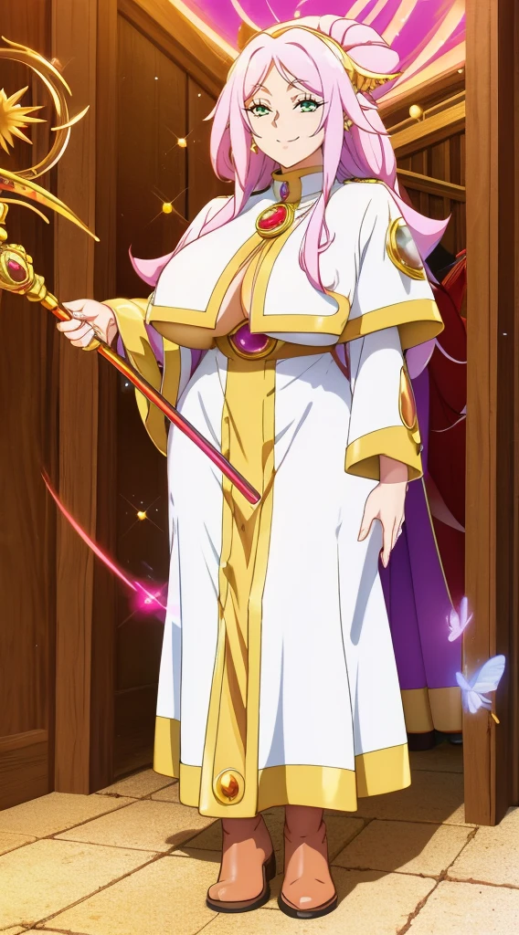 boots, standing,cute,breast, curvy, female,fantasy goddess,there is a cartoon picture of a woman with a very large breast, glowing divine being, glowing holy aura, inspired by Luma Rouge, the non-binary deity of spring, ethereal rainbow nimbus, the butterfly goddess of fire, inspired by Mariel, glowing aura around her, astral wind, as the goddess of the saturn, “uwu the prismatic person, big breast, serious, beautiful eyes, , full body, walking, long robe, long dress, ,priestess ,holy, smile, god rays, ray tracing, sparkle, cinematic lighting, UHD, retina, masterpiece, ccurate, anatomically correct, textured skin, super detail, high details, high quality, award winning, best quality, highres, 1080P, HD, 4K, thunder aura, light aura,full, snak staff,closed mouth