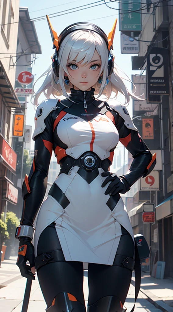 the highest picture quality, Detalles destacados, Ultra-high resolution, (Fidelidad: 1.4), The best illustration, Detalles del favor, Altamente condensado 1girl, con un rostro delicado y hermoso, vestido de mecha blanco y negro, Llevar un casco mecha, Holding a direction controller, Conducir en una motocicleta, The background is a high-tech lighting scene of the future city..