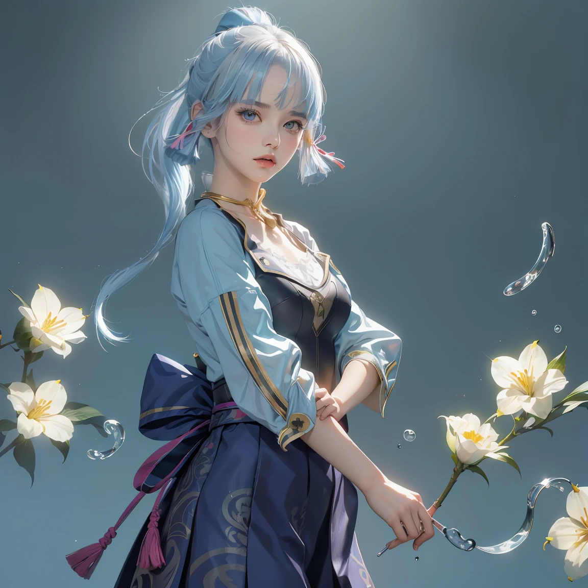(masterpiece), (best quality), (ultra detailed),(disheveled hair),(illustration), (1girl), (Fashionable clothing), standing, Fashion model, looking at viewer, (interview), (simple background),beautiful detailed eyes, delicate beautiful face, Floating,(high saturation),(colorful splashes),colorful bubble,(shining), focus on body, ponytail, kamisato ayaka, light blue hair, bangs, hair ring, floating flowers, floating hairs, (shining), best lighting, best shadow,