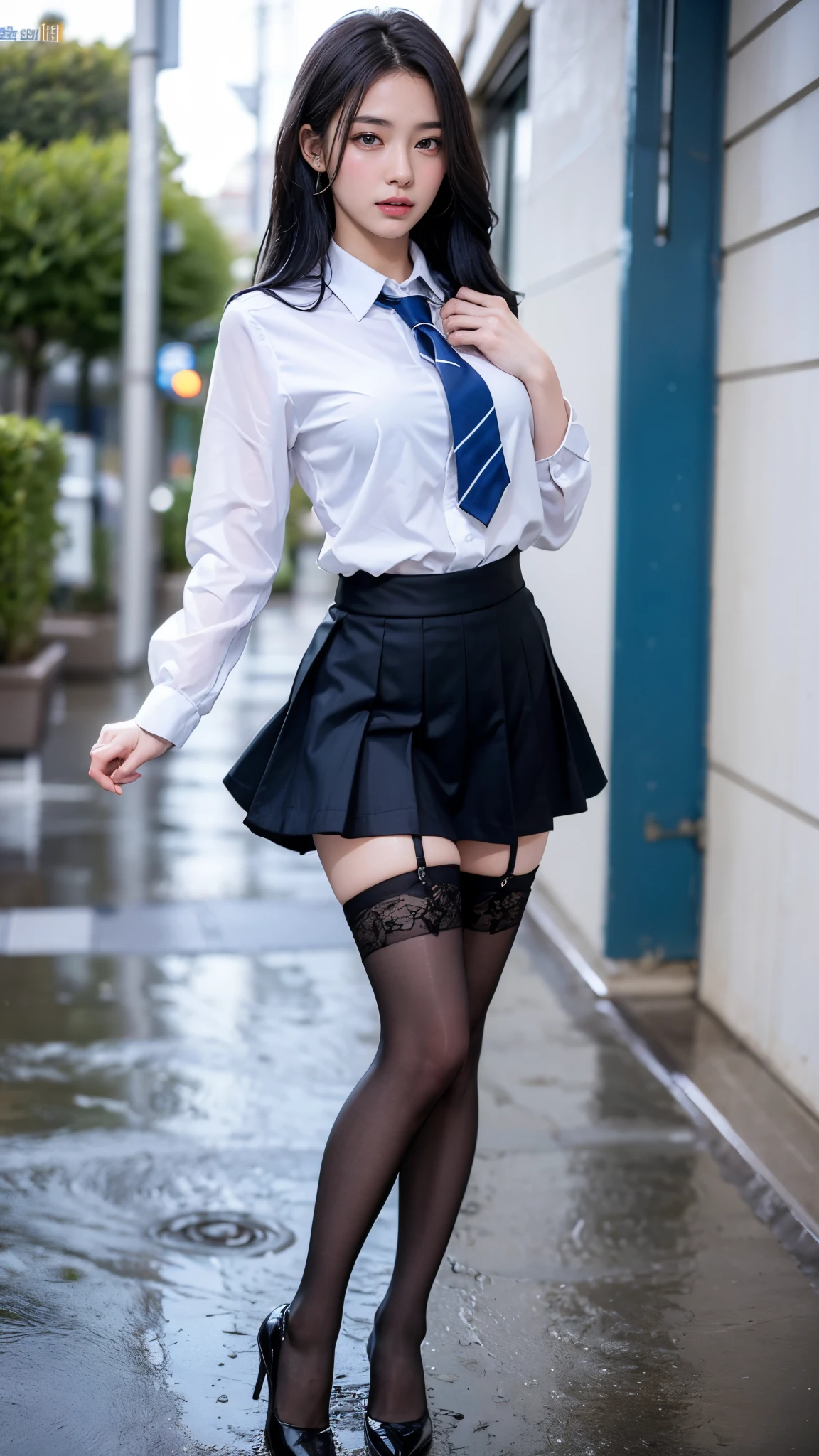 (best qualtiy,4k,tmasterpiece:1.2),Pretty girls,1girll,Grew up sexy....:1.1,dark blue hair:1.1,Woman in school uniform,Drenched white school uniform,highly detailed face,Detailed lips,A detailed eye,Double eyelidd,Gorgeous miniskirt black stockings,stand up,full bodyesbian