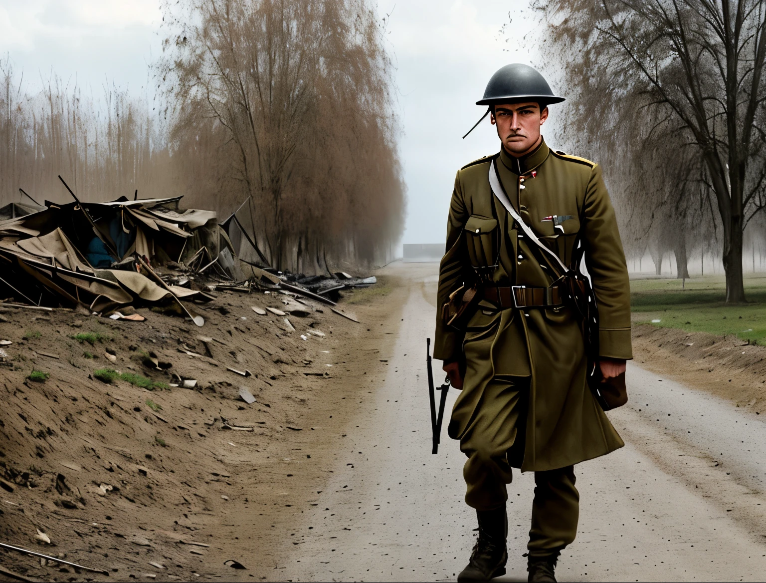 dieselpunk german soldier, solo, pov, walking in field, green, grass, trees, distant smoke, distant flag flying