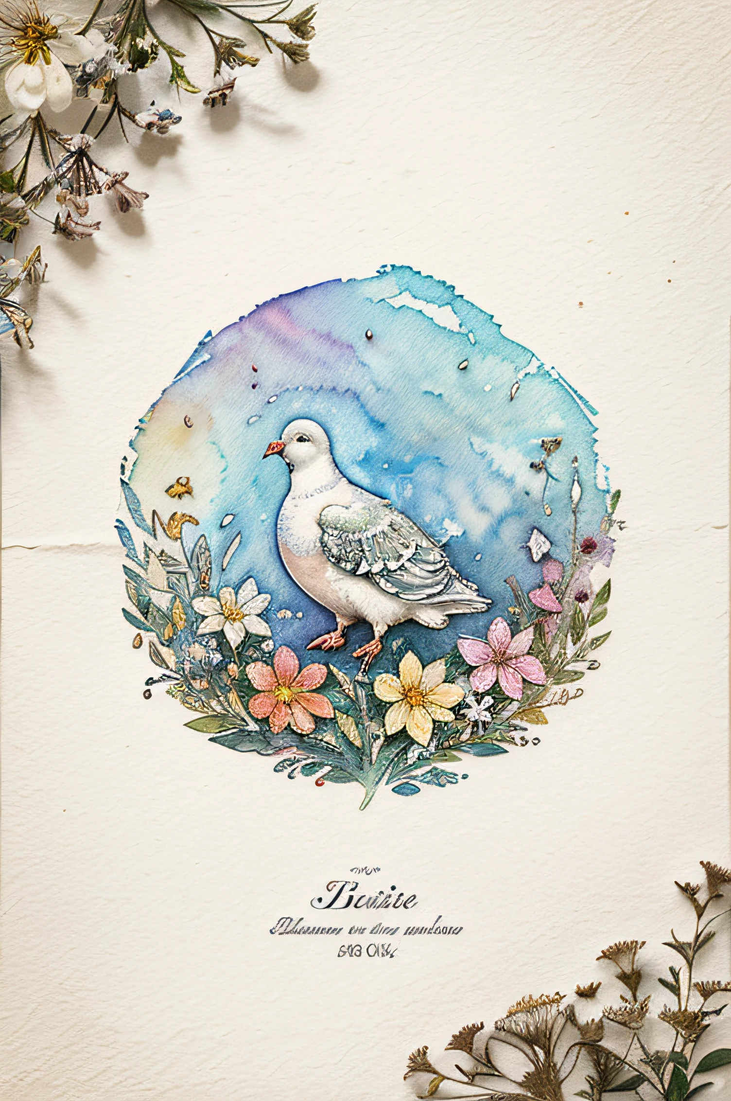 (best quality,ultra-detailed),alcohol ink on textured paper,strong textures,dynamic ink lines,washed ink,different colors,vignette,illustration of a white pigeon,flowers,whimsical,charming illustration,portraits,colorful palette,mixed media,delicate strokes,art by MSchiffer