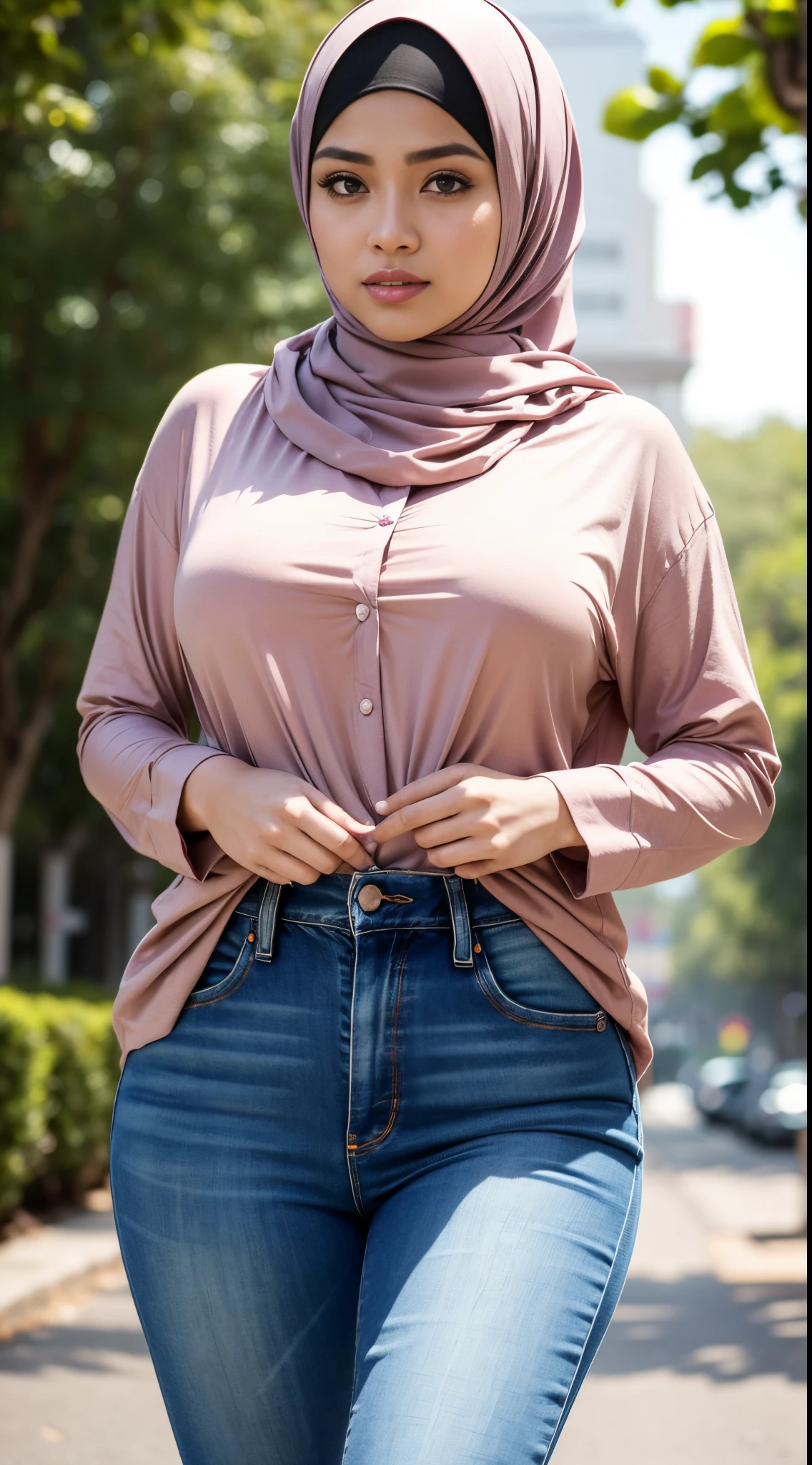 An ultra realistic, high resolution portrait of a beautiful Muslim woman wearing white and red hijab with stunning scenery in the background of Paris, France, posing for the camera. The color theme is white and red, It must have high details and sharp focus.