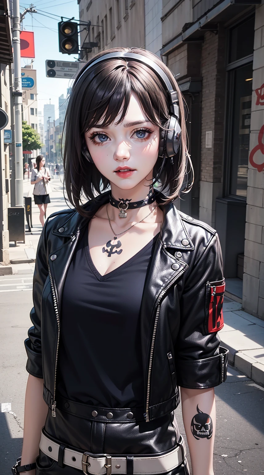 ((masterpiece)),(realistic),(3d face),illustrations,solo,(original),(highly detailed wallpaper),photographic reality, highly detailed illustrations,(super complex detail),(delicate face) , perfect detail features,(perfect detail,(super complex detail),(best lighting),(best lighting),(best lighting),(upper body),1girl,(matronly women:1.,2),medium shot. 2),medium shot,(punk fashion),(headphones),(modern),(vibrant),(disgruntled expression),(black hair),(shiny tattoo:1. 1),(Sassy),(Mocking),(Confident),(Sleeveless top),(Black leather jacket),(High-waisted shorts),(Fishnet stockings),(Combat boots),(Skull and crossbones choker),(Dark eye makeup),(Bright lipstick),(Graffiti background),(Street art),(Urban),(Digital art),(2D illustration),4K unified, octane rendering, 8k atmospheric ultra detailed, incredible, epic, vivid, breathtaking, dreamy art, best shadow,(extremely detailed CG unit 8k wallpaper), Unreal Engine, incredible fine details and brush strokes, smooth, hd semi-realistic anime cg concept art digital painting, cg painting,(photorealistic),