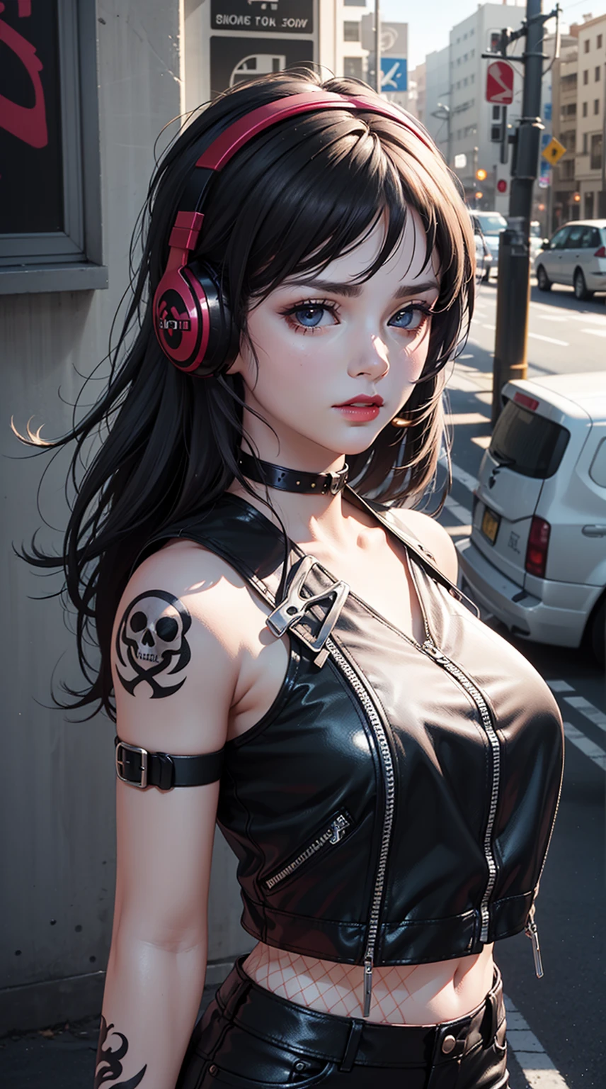 ((masterpiece)),(realistic),(3d face),illustrations,solo,(original),(highly detailed wallpaper),photographic reality, highly detailed illustrations,(super complex detail),(delicate face) , perfect detail features,(perfect detail,(super complex detail),(best lighting),(best lighting),(best lighting),(upper body),1girl,(matronly women:1.,2),medium shot. 2),medium shot,(punk fashion),(headphones),(modern),(vibrant),(disgruntled expression),(black hair),(shiny tattoo:1. 1),(Sassy),(Mocking),(Confident),(Sleeveless top),(Black leather jacket),(High-waisted shorts),(Fishnet stockings),(Combat boots),(Skull and crossbones choker),(Dark eye makeup),(Bright lipstick),(Graffiti background),(Street art),(Urban),(Digital art),(2D illustration),4K unified, octane rendering, 8k atmospheric ultra detailed, incredible, epic, vivid, breathtaking, dreamy art, best shadow,(extremely detailed CG unit 8k wallpaper), Unreal Engine, incredible fine details and brush strokes, smooth, hd semi-realistic anime cg concept art digital painting, cg painting,(photorealistic),