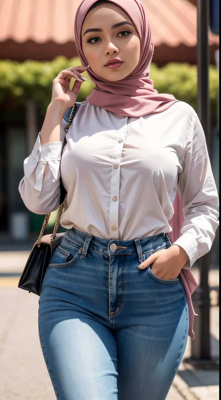 RAW, Best quality, high resolution, masterpiece: 1.3), Beautiful Malay woman in hijab (iu:0.8),wearing a white shirt, High neck clothes,denim pant wearing a watch, wearing earrings, being in mall, walking on a rural street in the morning, big breasts, slim waist, wide hips, thick thighs, photo taken with Panavision DXL2, 28mm lens, close up shot, bright pastel shades, bokeh, cinemascope , drama, high quality, very detailed, 8k resolution