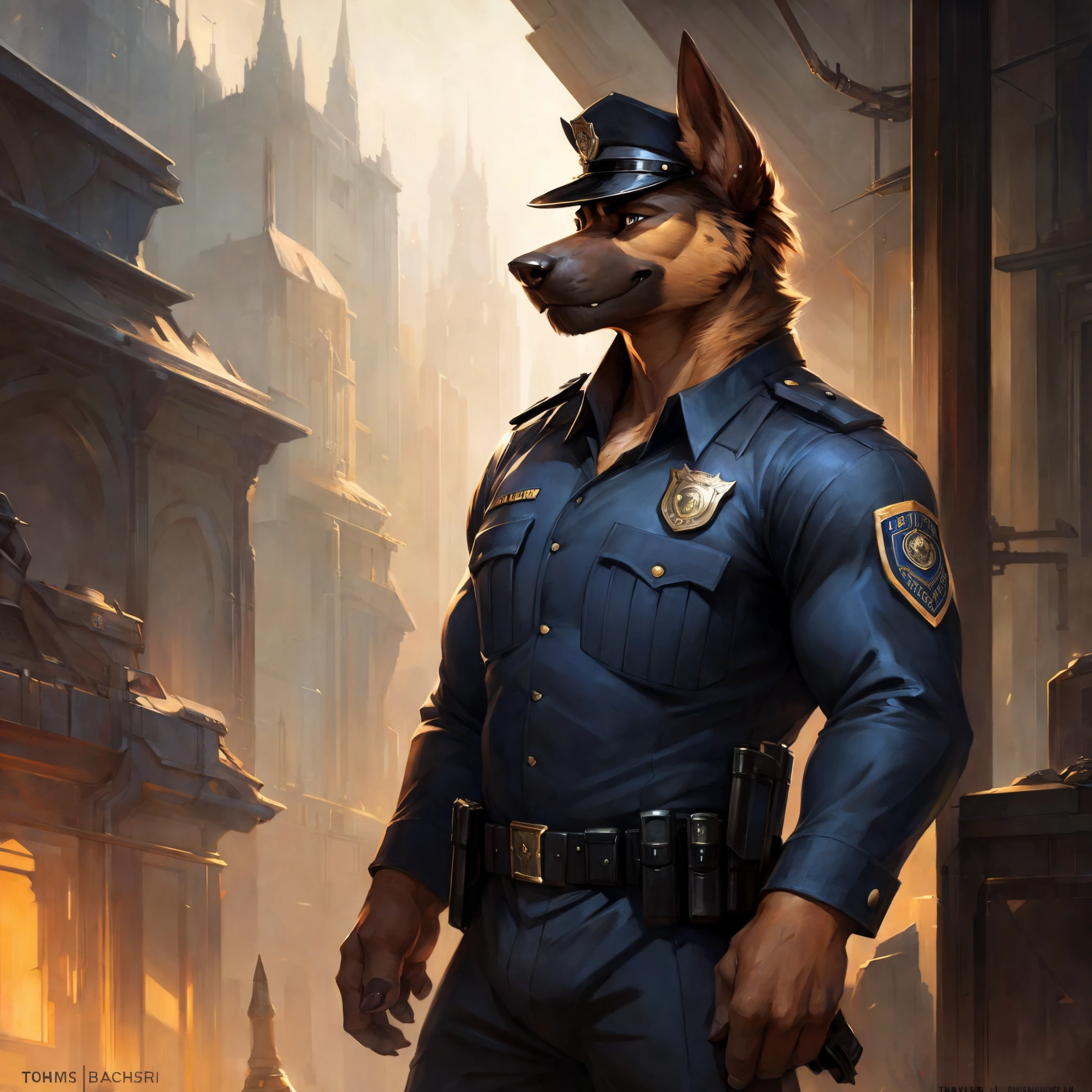 by Pixelsketcher, by Bayard Wu, by Thomas Benjamin Kennington, by Einshelm, solo, male, standing, smirking, police officer, cop uniform, muscular, canine, german shepherd, ((hair, snout))