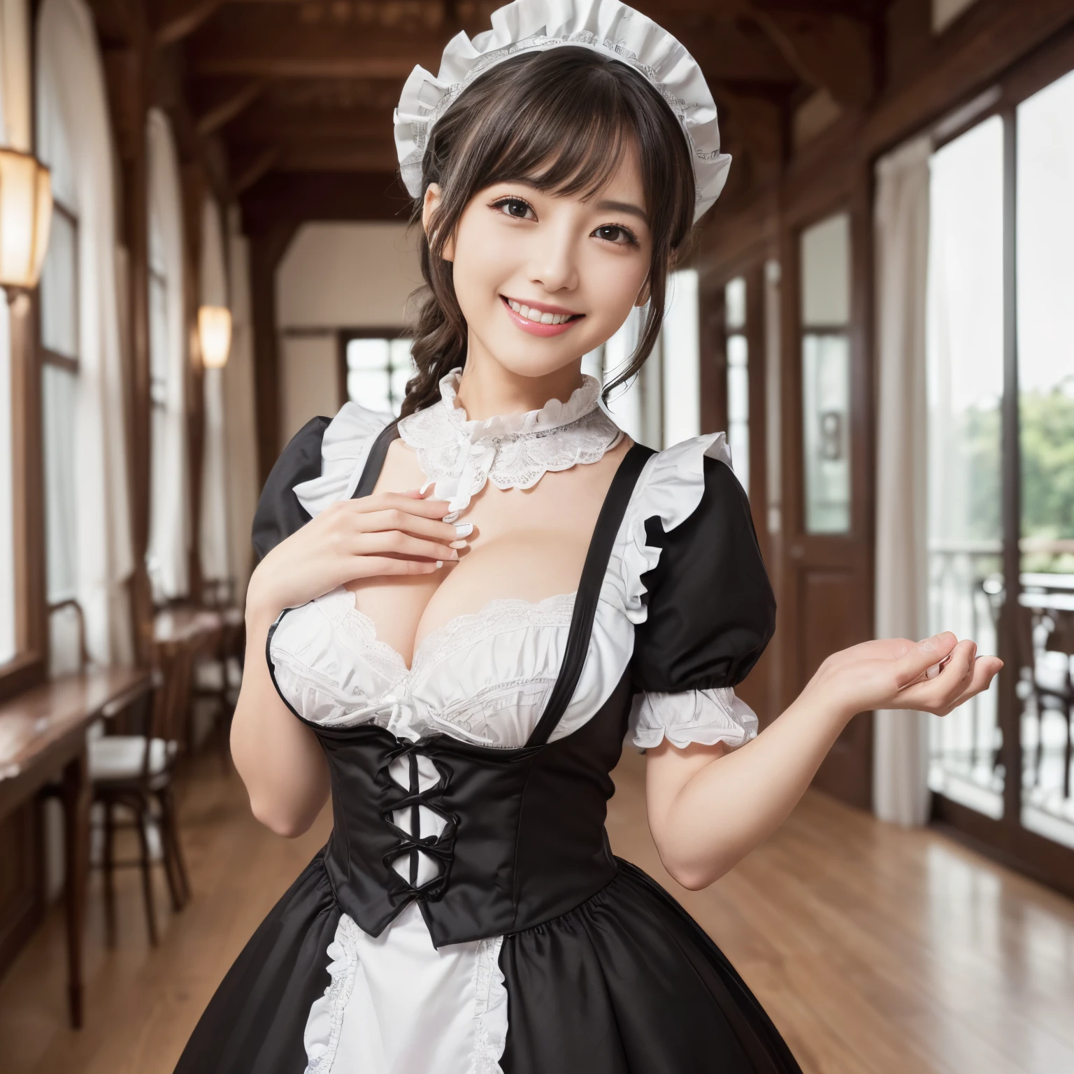 (((Best Quality, masutepiece, 超A high resolution、The most complex and detailed depictions、awardwinning, 8K)))、(1 Beautiful Maid、Half Japan and half Spanish in one、A detailed face、Perfect fingers、Graceful standing、i&#39;M from the maid cafe、Maid Cafe)、(Gorgeous Victorian Maid Dresses、Black and white maid outfit with luxurious long skirt、Huge black and white maid dress、Black and white maid dresses、Black and white maid dresses、with frills、Big apron and black and white maid outfit)、((It is a perfect maid cafe with a detailed background...、Maid Cafe、A cafe with a stylish and calm atmosphere、detailed maid cafe background、Complete reproduction of every detail of the maid cafe、Very complex and detailed background、Highly complex and detailed textures、Highly detailed hairstyles))、(Emphasize body lines、[large full breasts],stares at the camera、beautiful smiling face、Big smile、White and clean teeth、Looking at the camera)