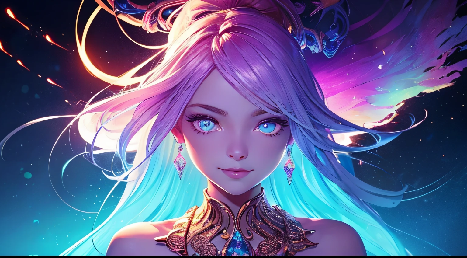 ((best quality)), ((masterpiece)), ((realistic)), portrait, 1girl, celestial, deity, goddess, light particles, halo, looking at viewer, (bioluminescent:0.95) flame, bioluminescence, phoenix, Vibrant, Colorful, Color, (Glow, Glow), (Beautiful Composition), Cinematic Lights, Intricate, (Symmetry: 0.5), Whimsical, Alien Planet, purple, lovely face, gentle smile, ponytail
