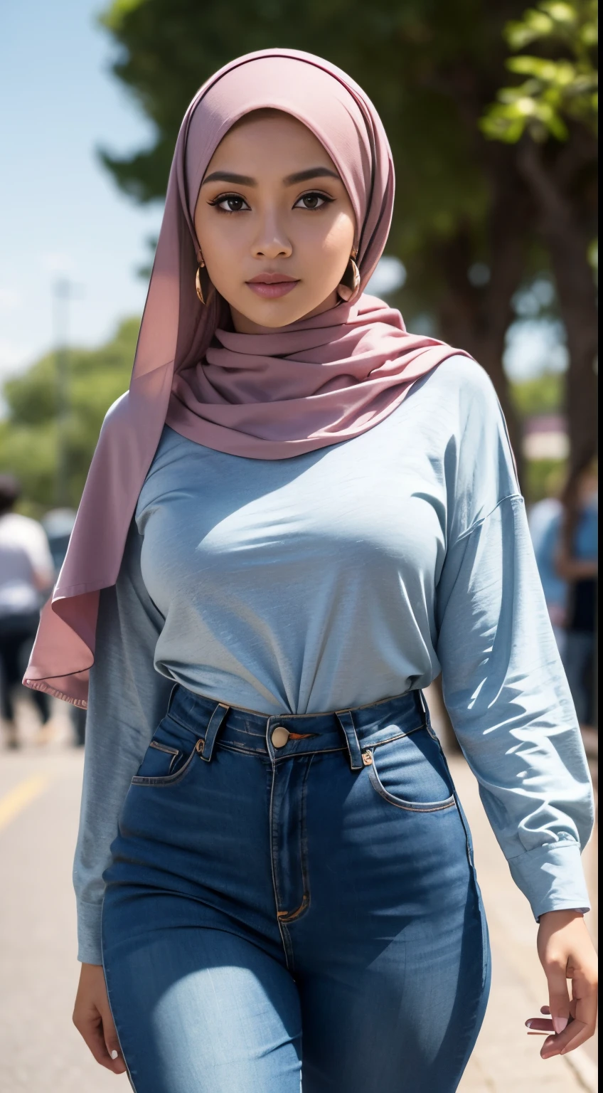 (Best quality, high resolution, masterpiece: 1.3), a beautiful malay woman in hijab, big breasts, slim figure, sweatshirt, beautifully presented details in the street and facial and skin texture, detailed eyes, double eyelids, big eyeschest visible, shirt open