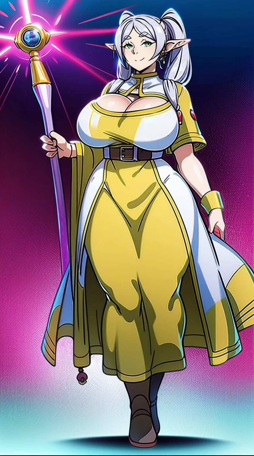 1girl,solo,elf,white hair,grey hair,earrings,pointy ears,long hair,ponytail,green eyes,twintails,parted bangs,thick eyebrows,,, holy magicalgirl, open mouth fang, holy haura, , smile, joyfull, paladin, staff holding, full body , boots, standing,cute,breast, curvy, female,fantasy goddess,there is a cartoon picture of a woman with a very large breast, glowing divine being, glowing holy aura, inspired by Luma Rouge, the non-binary deity of spring, ethereal rainbow nimbus, the butterfly goddess of fire, inspired by Mariel, glowing aura around her, astral wind, as the goddess of the saturn, “uwu the prismatic person, big breast, serious, beautiful eyes, , full body, walking, long robe, long dress, ,priestess ,holy, smile, god rays, ray tracing, sparkle, cinematic lighting, UHD, retina, masterpiece, ccurate, anatomically correct, textured skin, super detail, high details, high quality, award winning, best quality, highres, 1080P, HD, 4K, thunder aura, light aura,full, snak staff,closed mouth