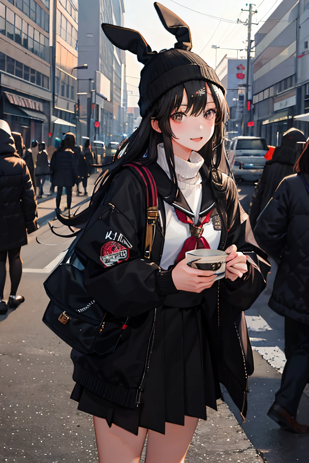 A high school japanese girl wearing a beanie and has bunny ears with fluffy black hair and wears black high school outfit on the street