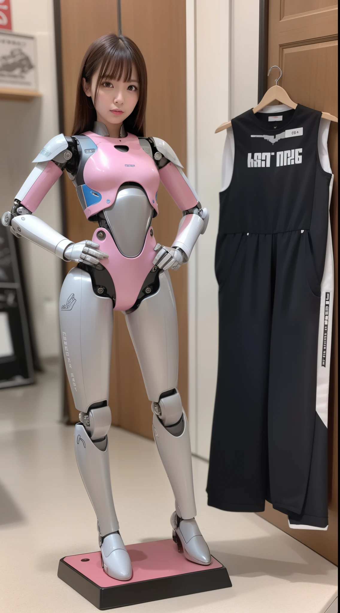 Robot Girl, pink there, Silver, Metallic body, Robot Parts, Metal Parts, Super Detailed Face, Super well-formed face, of the highest quality, a small face, a small head, Brown hair, Slender body, Camera gaze, Internal Mechanical Exposure, Idol, front facing, Well-proportioned body, sale, Exhibited, Event Hall, Moe Pose, job interview suit machine armor, Standing with legs open, Model body type, sad, Embarrassing,(Perfect Robot Girl),(Perfect machine body)