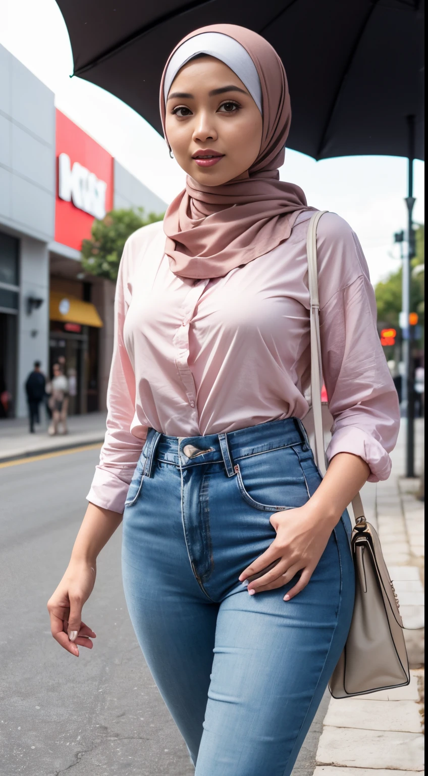 RAW, Best quality, high resolution, masterpiece: 1.3), Beautiful Malay woman in hijab (iu:0.8),wearing a long shirt with a high neck, clothes outside tight denim jeans wearing a watch, at the mall, walking on a rural road in the morning , big breasts, slim waist, wide hips, thick thighs, photo taken with Panavision DXL2, 28mm lens, bright pastel colors, bokeh, cinemascope, drama, high quality, high detail, 8k resolution