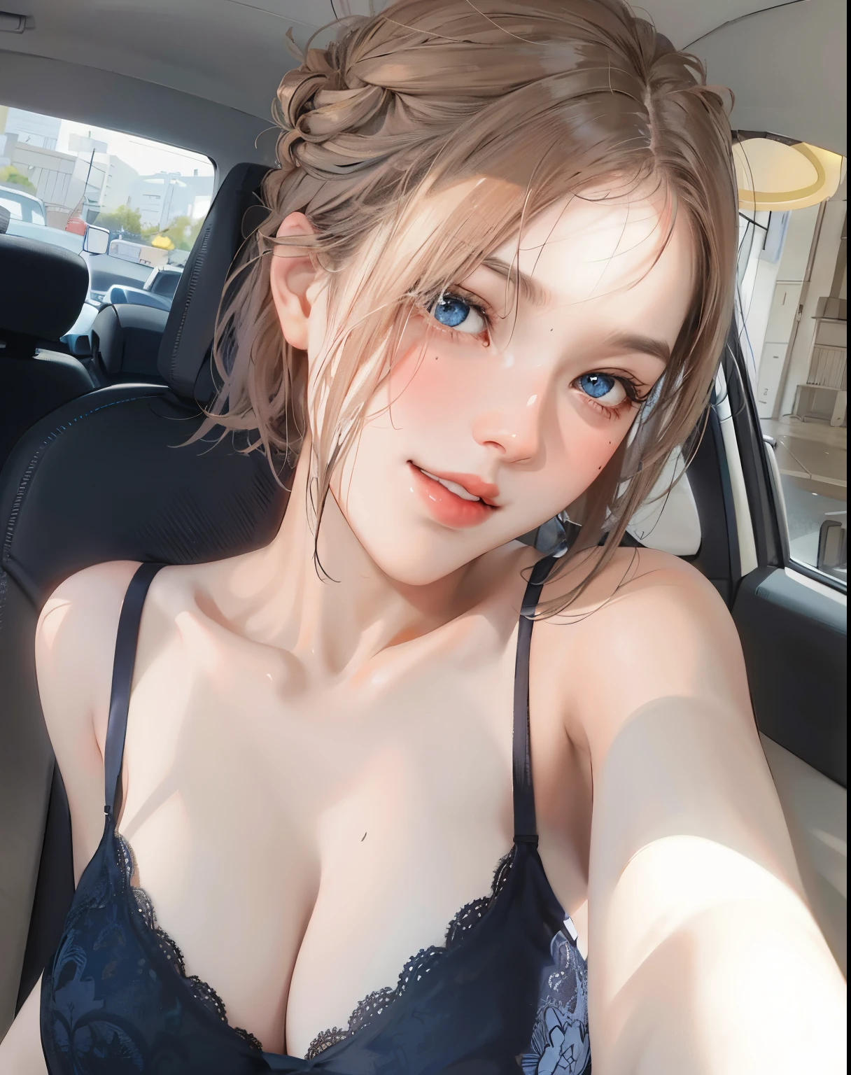 dark blue short hair，gigantic cleavage breasts（tmasterpiece，：1.2，best qualityer），（1lady，独奏，Full body body：1.2）dark blue short hair，garments：tee shirt，stocklings，Short blue shoulder-length hair accessory：Issuing ，naturey，Glowing skin，Doing：standing on your feet，Be red in the face，Shy，Lower your head slightly：Bedrooms，eBlue eyes，gigantic cleavage breasts，