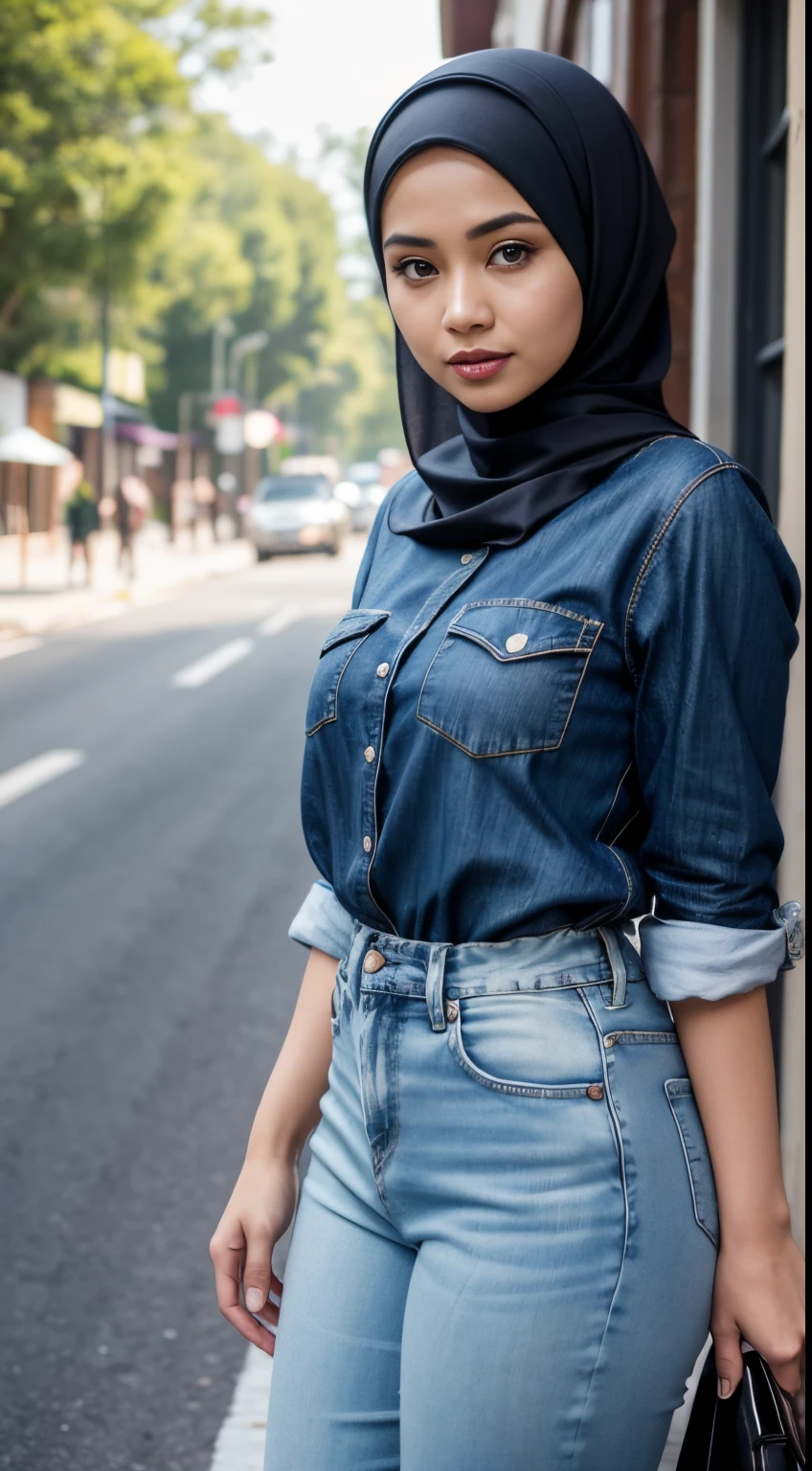 RAW, Best quality, high resolution, masterpiece: 1.3), Beautiful Malay woman in hijab (iu:0.8),wearing a long shirt with a high neck, clothes outside tight denim jeans wearing a watch, at the mall, walking on a rural road in the morning , big breasts, slim waist, wide hips, thick thighs, photo taken with Panavision DXL2, 28mm lens, bright pastel colors, bokeh, cinemascope, drama, high quality, high detail, 8k resolution