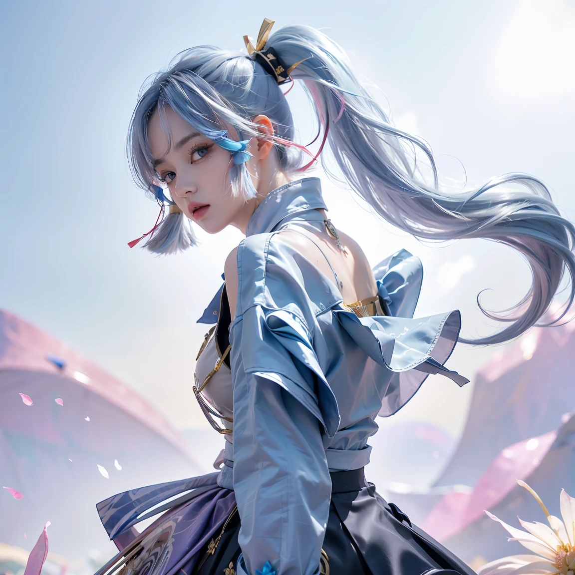 (masterpiece), (best quality), (ultra detailed),(disheveled hair),(illustration), (1girl), (Fashionable clothing), standing, Fashion model, looking at viewer, (interview), (simple background),beautiful detailed eyes, delicate beautiful face, Floating,(high saturation),(colorful splashes),colorful bubble,(shining), focus on face, ponytail, kamisato ayaka, light blue hair, bangs, hair ring, floating flowers, floating hairs, (shining), best lighting, best shadow,