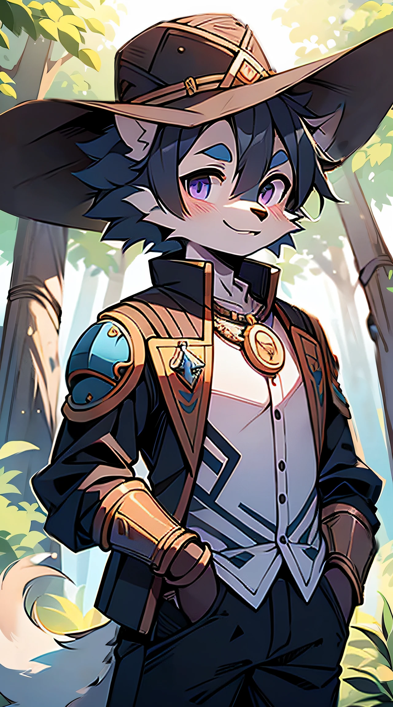 A wolf with a height of 180CM,bluish violet eyes, , cabelos preto e longos, coda, The chest is slightly raised,red and black costume,with smile,Two small ears,Stand with fair skin ,German Golden Cross in the forest。article2Worn buttons2Meritorious Service Cross。Worn on the neckline:Knight's Medal。wears36official's big brimmed hat
