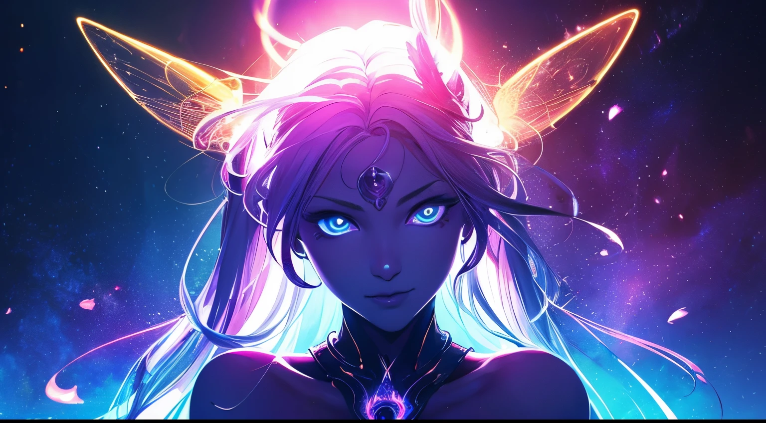 ((best quality)), ((masterpiece)), ((realistic)), portrait, 1girl, celestial, deity, goddess, light particles, halo, looking at viewer, (bioluminescent:0.95) flame, bioluminescence, phoenix, Vibrant, Colorful, Color, (Glow, Glow), (Beautiful Composition), Cinematic Lights, Intricate, (Symmetry: 0.5), Whimsical, Alien Planet, purple, lovely face, gentle smile, ponytail