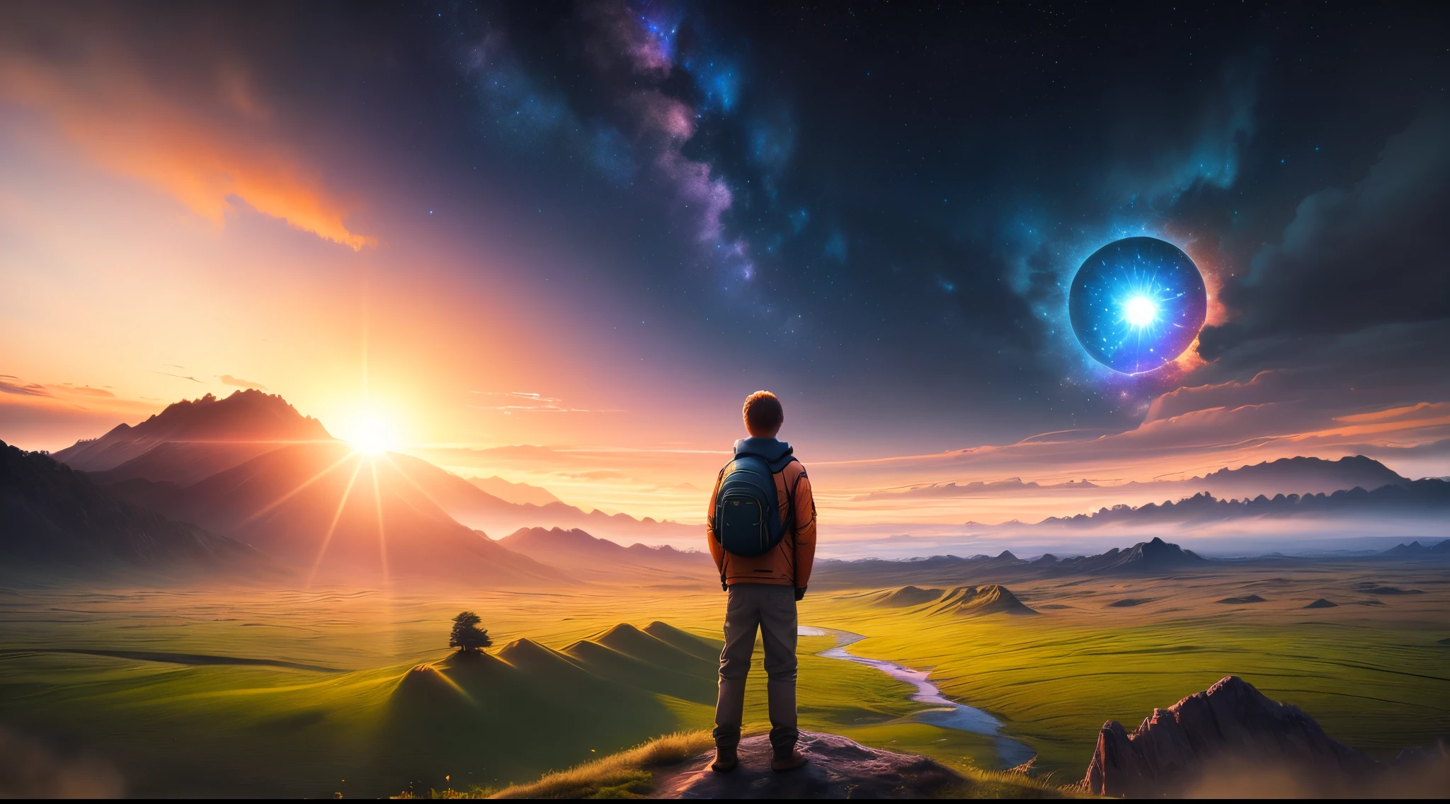 Boy stand with nature and galaxy,4k image ultra realistic,sun rise