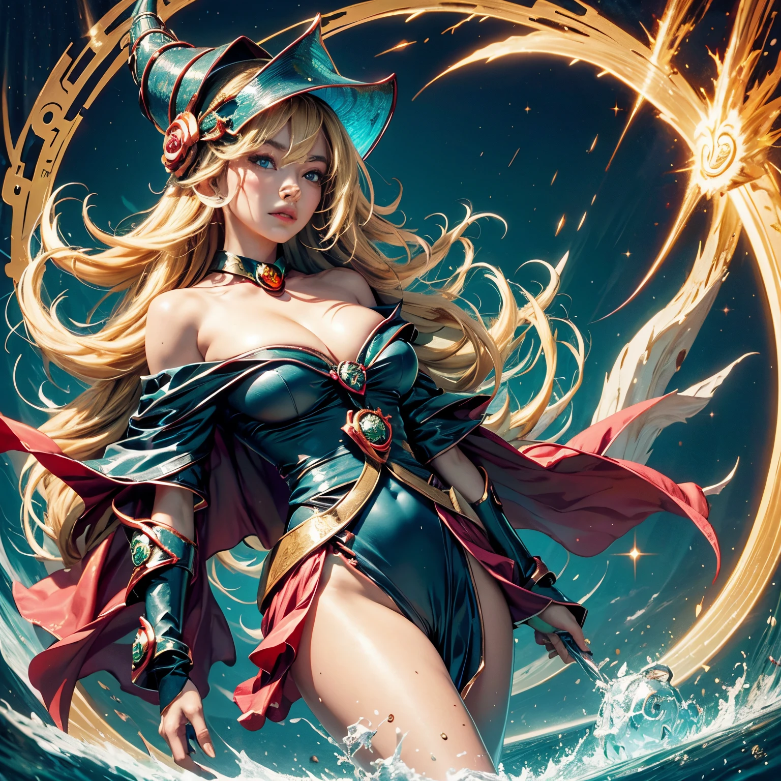 Amazing illustration of the dragon behind the beautiful girl, dark magician gils, cabello rubio y largo, ojos verdes, labios rojos, Hermoso kimono negro con rosado, Masutepiece, A golden dragon surrounded by gold dust, viento, DIOS, Cuerpo largo y ondulado, Colmillos, fantasy, mito, alta calidad, Altamente detallado, Masutepiece, epopeya, Particle effect, dynamic effects, Los ojos son cristales, Buena suerte, fondo dorado, Wealth is on the rise, oro, una cabeza, realista, Dragon God, El fondo es dorado, 7 colores de brillo, grandes,
