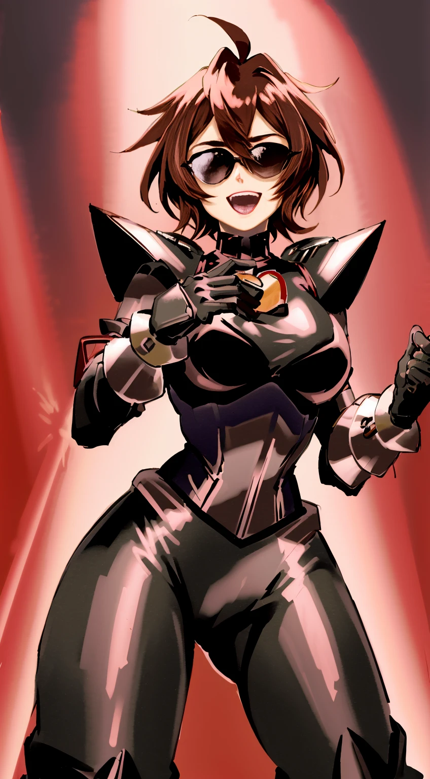 (Best quality, 4k, 8k, Ultra HD, high resolution, masterpiece:1.2), Ochaku as Mettaton, full spandex/latex attire (reds and blacks), neon lights, flawless makeup, happy singing pose, fierce expression, long hair, simple greyscale background, sleek design, captivating stage presence, captivating red lipstick, confident stance, fashion model, anime glasses, anime tinted red shades, black latex pants, black latex corset, holding a large stage microphone, performance microphone, black microphone, singing stance, extremely tight corset, red bow tie around neck, medium nougat-skin color, heart-shaped silver belt buckle, thick armored metal belt, heart on armored red chestplate, bobcut hair, dark brown hair, heavily armored black cuirass, chest encased in armor, black turtleneck armored, wide hips, black hair, thick flowing dark brown hair,black undersuit, white mascot gloves, cuffed gloves