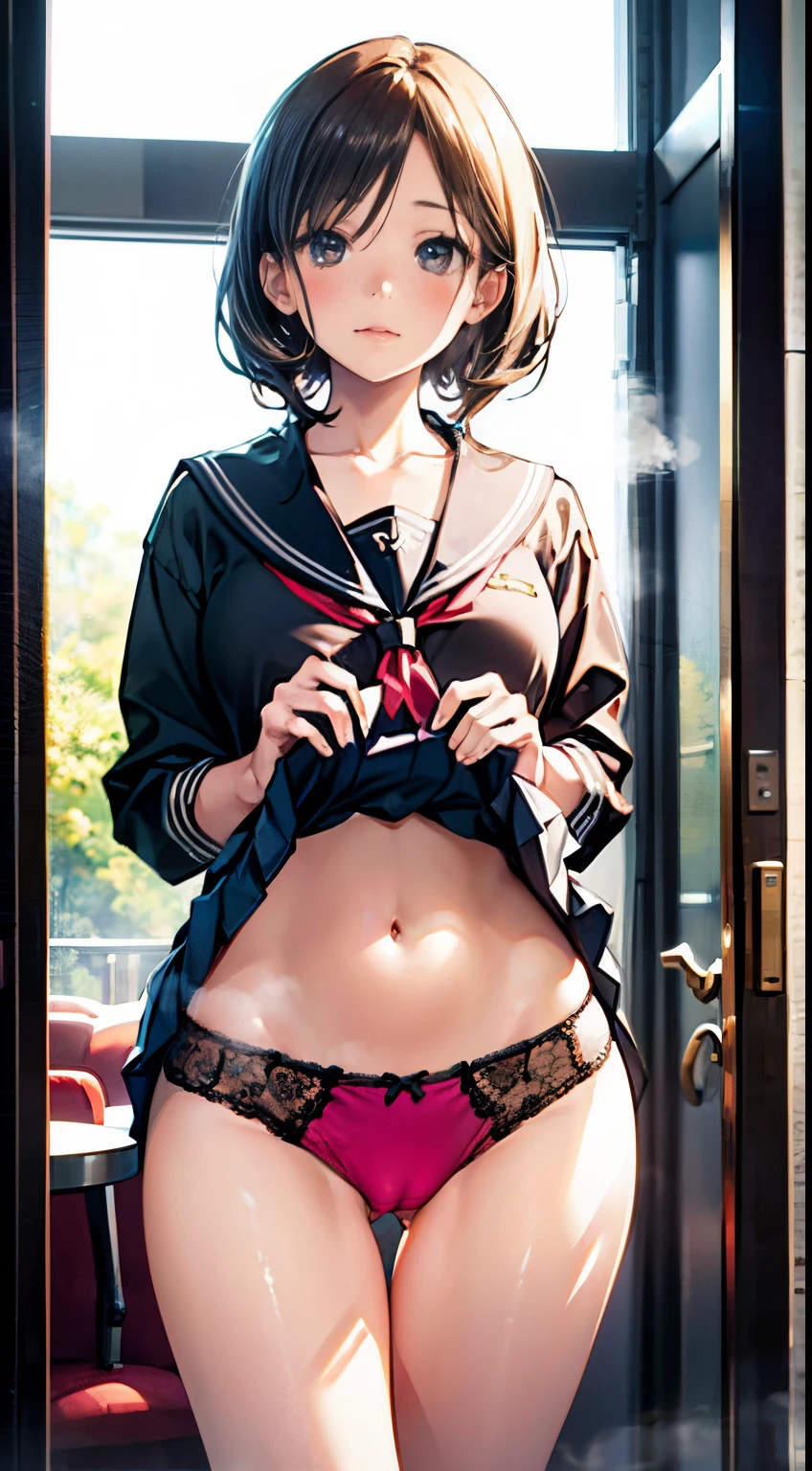 (masutepiece), hi-school girl, Sexy, posterior, Floral lace underwear, Natural light, Photorealistic, Cameltoe, diffuse glow, depth of fields, skirt by the, steam, (Lift skirt), Lifelike、Inside the hotel、bottomless:1.6