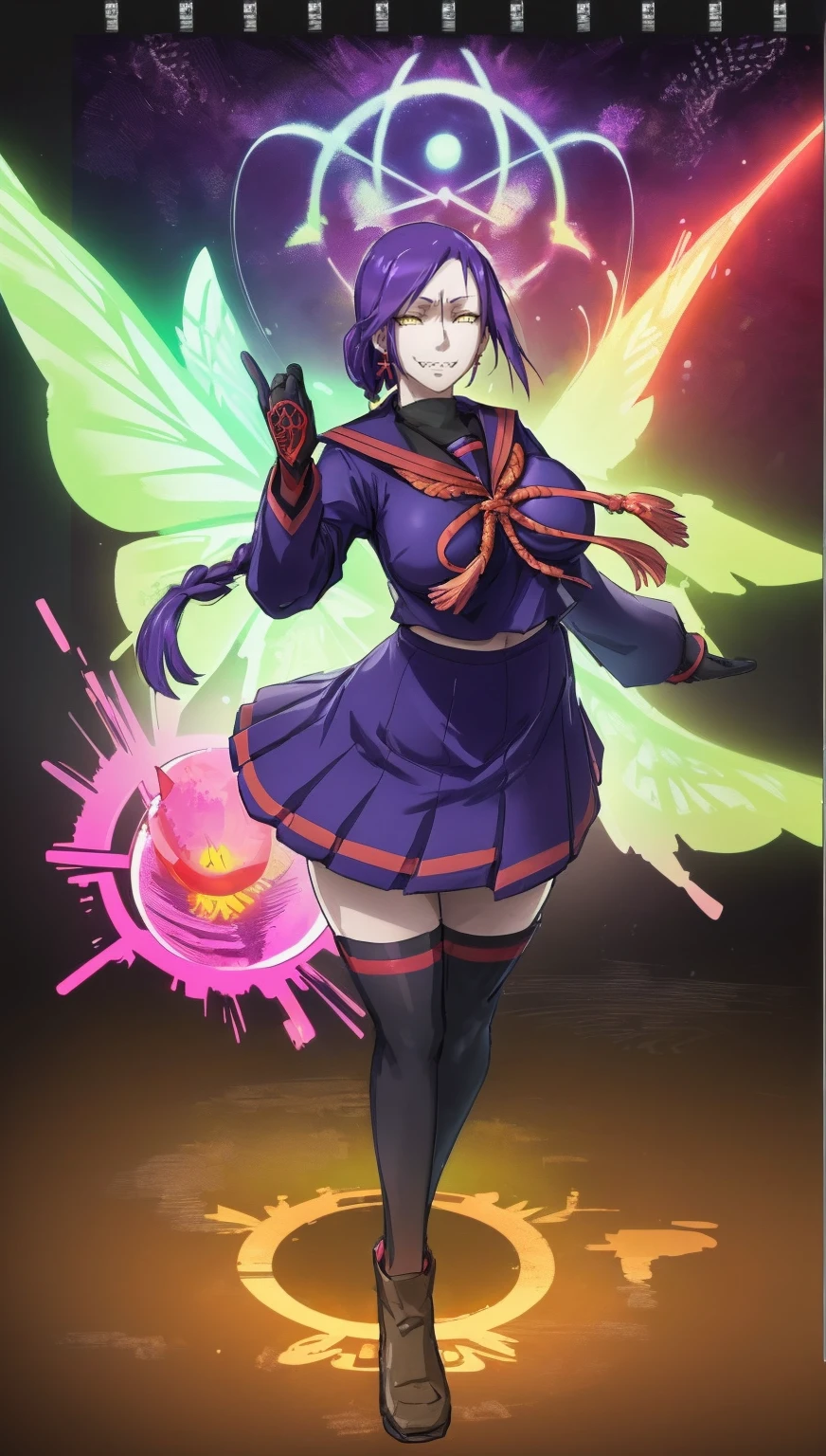 1girl, solo, looking at viewer, cowboy shot, hand arms full body,boots, standing,cute,breast, curvy, female,fantasy goddess,there is a cartoon picture of a woman with a very large breast, glowing divine being, glowing holy aura, inspired by Luma Rouge, the non-binary deity of spring, ethereal rainbow nimbus, the butterfly goddess of fire, inspired by Mariel, glowing aura around her, astral wind, as the goddess of the saturn, “uwu the prismatic person, big breast, serious, beautiful eyes, , full body, walking, long robe, long dress, ,priestess ,holy, smile, god rays, ray tracing, sparkle, cinematic lighting, UHD, retina, masterpiece, ccurate, anatomically correct, textured skin, super detail, high details, high quality, award winning, best quality, highres, 1080P, HD, 4K, thunder aura, light aura,full, snak staff,closed mouth,#anime #character #re:creators #magane chikujoin Trigger Words: chikujoin magane sharp teeth single braid school uniform serafuku pleated skirt thighhighs gloves earrings Version No.:, long skirt, sharpteeth smile
