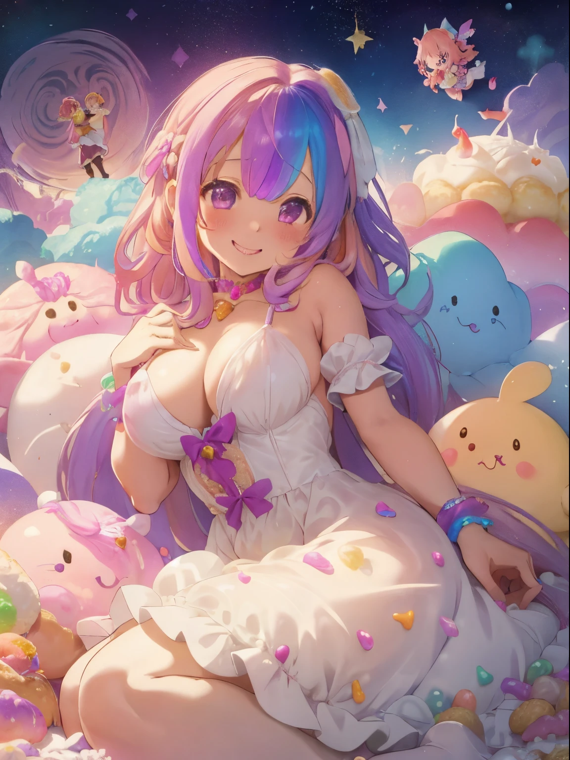 A world of fairy tales and wonderlands,Colorful and lively atmosphere,confeti,sweets, Toys, Stuffed animals are floating in the air and scattered.,A pile of extra large cream puffs,A mountain shaped like a cream puff,fluffy hair,Odango Hair,Keeping hair together,rainbow-colored hair,A voluminous princess-like dress,Iridescent dresses,**** girl,Nipple bumps,SEX,There&#39;s a lot of cream on my chest,A happy face,AHE Face,ecstacy,Stuffed animals and sweets go wild,Drooling,Smile on his face,insertion,attacked by sweets,