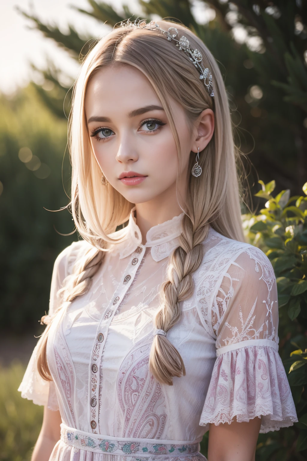 A woman with long blonde hair wearing a white dress and a tia - SeaArt AI
