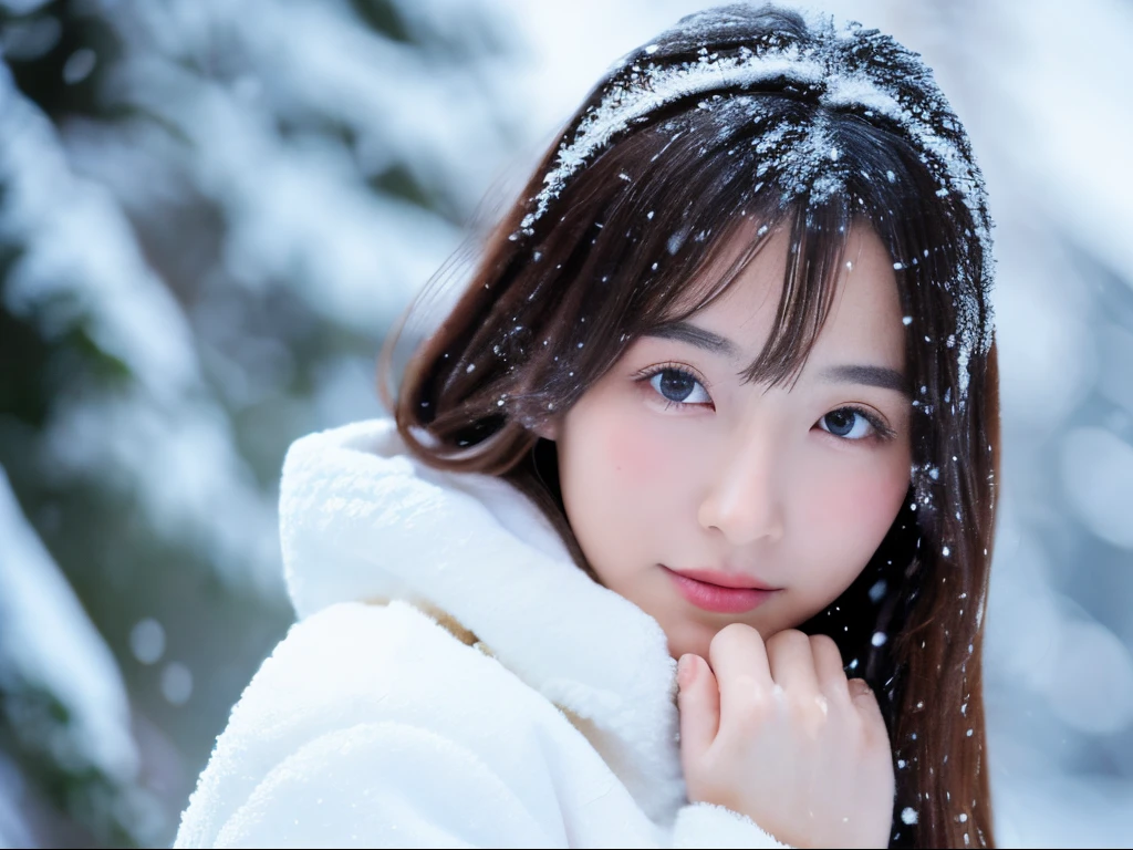 (top-quality、8k、masterpiece)、cute japanese model、shoulder-length hair、Thin makeup、Colossal tits、Wearing a coat、in snow、Clear facial features、sharp and realistic details、From the outside、Eye level shots、F / 4.0、135 mm、jpegartifacts、Doing squats、Grabbing the snow with both hands、
