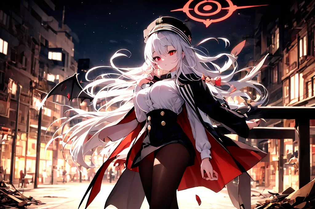 ((Top image quality、8K、​masterpiece：1.3))、full body Esbian、Focus sharpness：1.2、Beauty with outstanding style：1.4、Slender Abs：1.2、((White hair、Colossal tits：1.2))、Highly detailed facial and skin texture、A detailed eye、二重まぶた、、Sexy、reaching out her hand、Looking from the side、Highly detailed facial and skin texture、A detailed eye、二重まぶた、（（（Hanging eyes）））、（（red eyes））、（demonic wings）、（（heavy wind））、（（Unkempt hair））、（（Troubled face））、（（（Shy face）））、（（shame））、（（from below looking up））、deep in the night、moonlights、（（Crescent））、（（Red Moon））、（（（shadowy）））、（（（鎖骨）））、kawaii、Abandoned castle、rubble