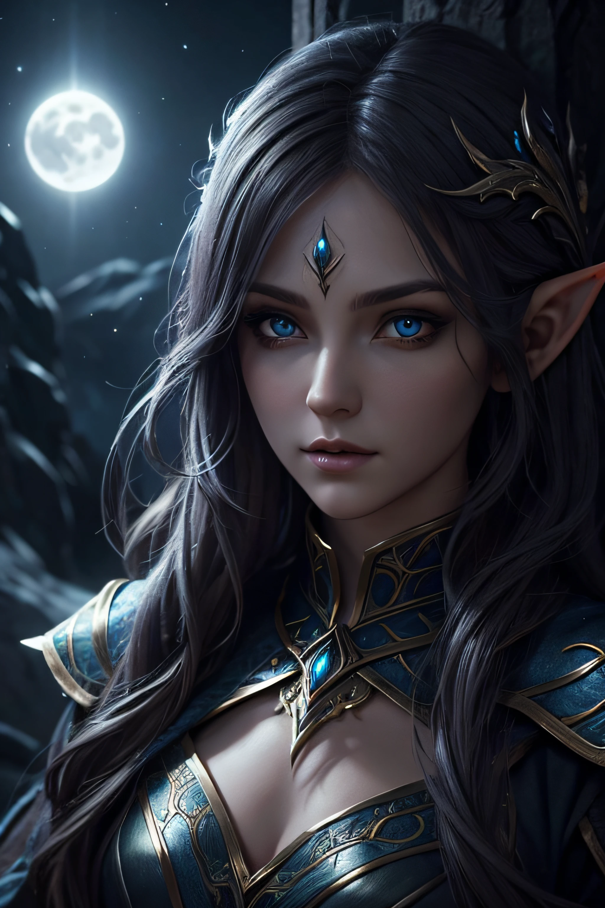 1girl, elven mage, dark moonlit night, beautiful, dynamic lighting, fantasy concept art, (detailed face 1.2), (detailed eyes 1.2), (detailed background)