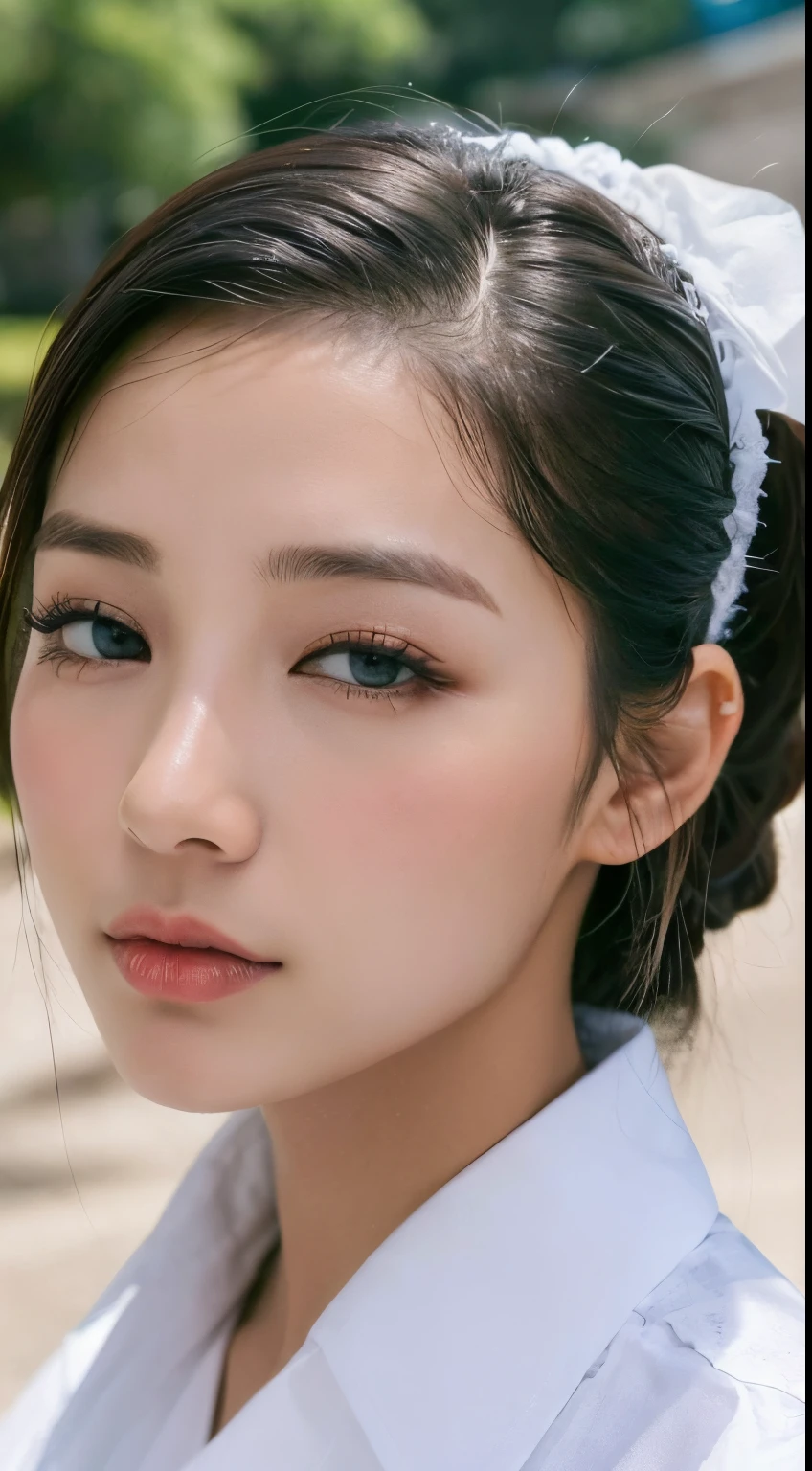 ((best quality, 8k, master part: 1.3)), Sharp: 1.2, Beleza Corporal Perfeita: 1.4, abdominais finos: 1.2, ((Penteado em camadas, seios grandes: 1.2)), (Wet white button long shirt: 1.1), (chuva, Scholl: 1.2), Wet: 1.5, Textura altamente detalhada do rosto e da pele, Olhos detalhados, double eyelids, Side face looking at the camera, inocente, (Arrousted: 1.3)