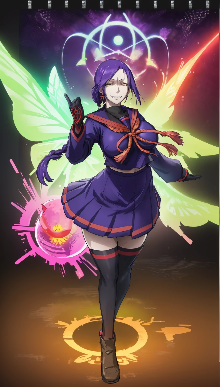 1girl, solo, looking at viewer, cowboy shot, hand arms full body,boots, standing,cute,breast, curvy, female,fantasy goddess,there is a cartoon picture of a woman with a very large breast, glowing divine being, glowing holy aura, inspired by Luma Rouge, the non-binary deity of spring, ethereal rainbow nimbus, the butterfly goddess of fire, inspired by Mariel, glowing aura around her, astral wind, as the goddess of the saturn, “uwu the prismatic person, big breast, serious, beautiful eyes, , full body, walking, long robe, long dress, ,priestess ,holy, smile, god rays, ray tracing, sparkle, cinematic lighting, UHD, retina, masterpiece, ccurate, anatomically correct, textured skin, super detail, high details, high quality, award winning, best quality, highres, 1080P, HD, 4K, thunder aura, light aura,full, snak staff,closed mouth,#anime #character #re:creators #magane chikujoin Trigger Words: chikujoin magane sharp teeth single braid school uniform serafuku pleated skirt thighhighs gloves earrings Version No.:, long skirt, sharpteeth smile