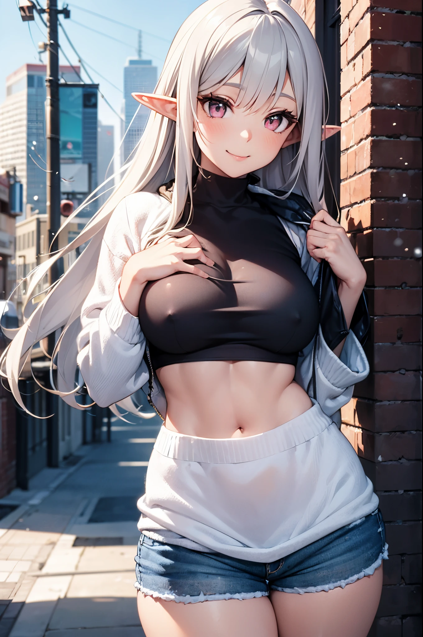 Realistic and detailed image of an elf. Long silky flowing hair, silver hair, pink eyes, long eyelashes. Casual winter clothes.  Minishorts for cold weather. Stockings to mid-thigh. Large breasts, thin waist, wide hips and thick thighs. smiling. Arched back. In the city. Winter. snowy day. Volumetric light. Ambient light.