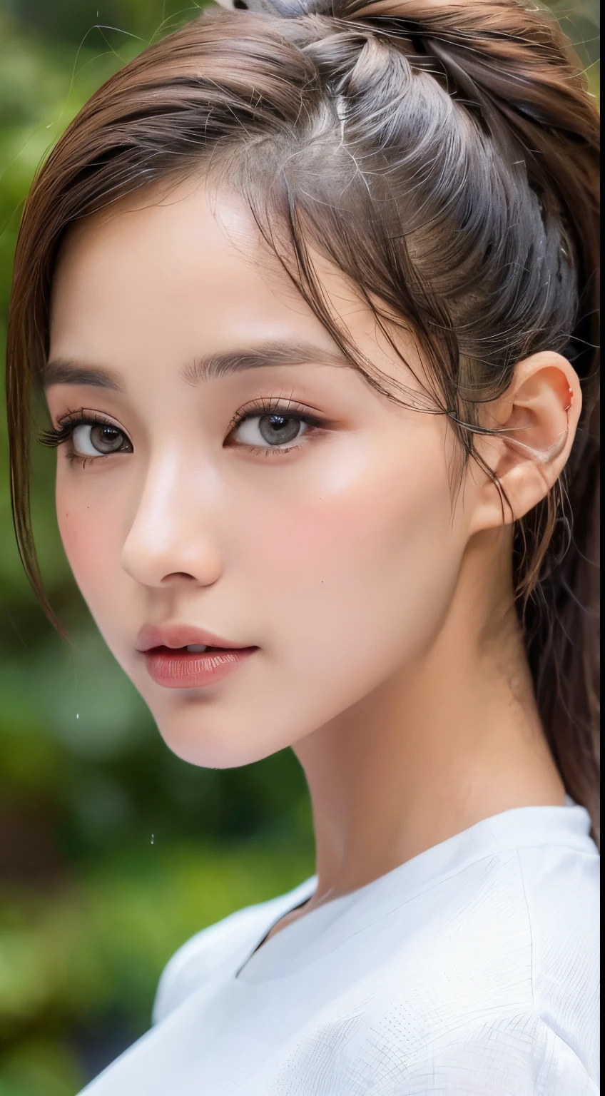 ((best quality, 8k, master part: 1.3)), Sharp: 1.2, Beleza Corporal Perfeita: 1.4, abdominais finos: 1.2, ((Penteado em camadas, seios grandes: 1.2)), (Wet white button long shirt: 1.1), (chuva, Scholl: 1.2), Wet: 1.5, Textura altamente detalhada do rosto e da pele, Olhos detalhados, double eyelids, Side face looking at the camera, inocente, (Arrousted: 1.3)